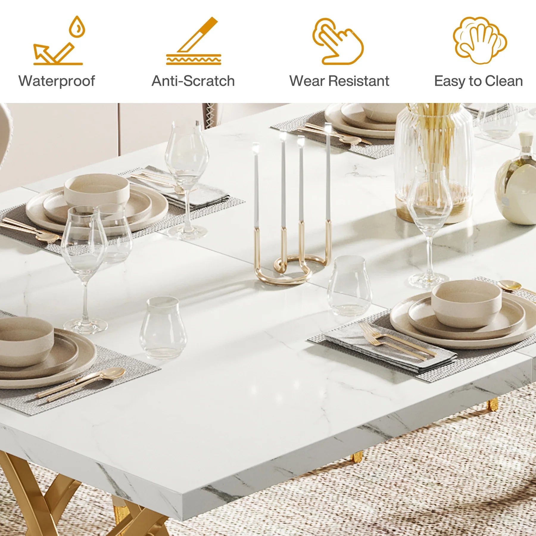 63-Inch Rectangular Dining Table for 4 to 6, Marble Table Top