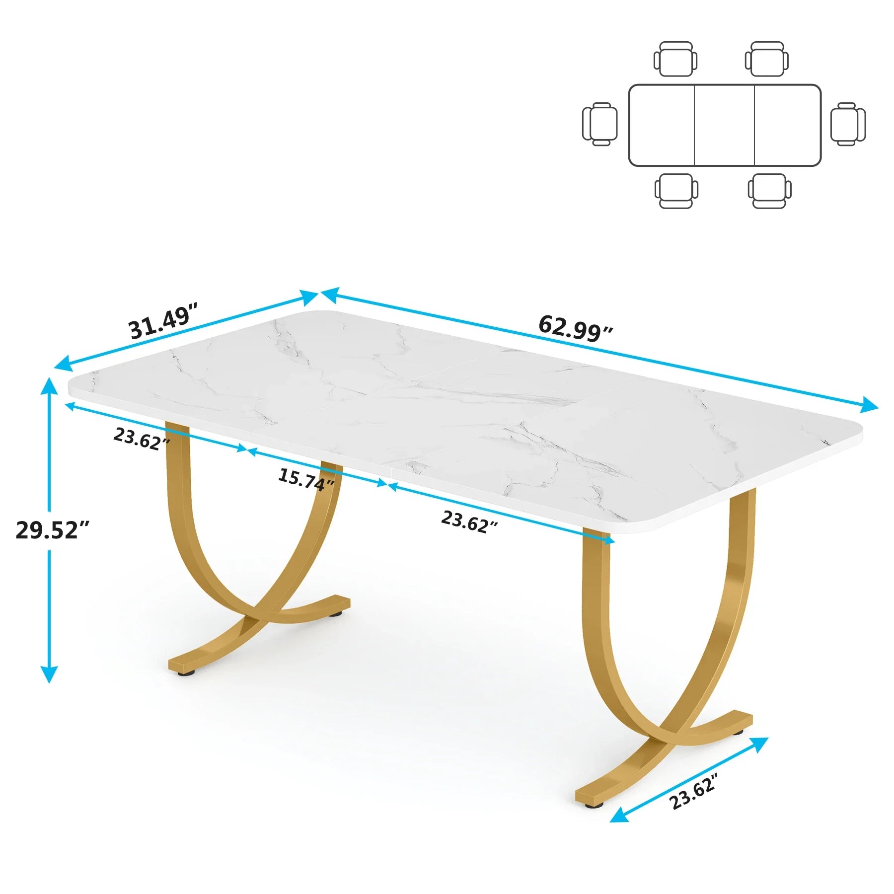 63-Inch Rectangular Dining Table for 4 to 6, Marble Table Top