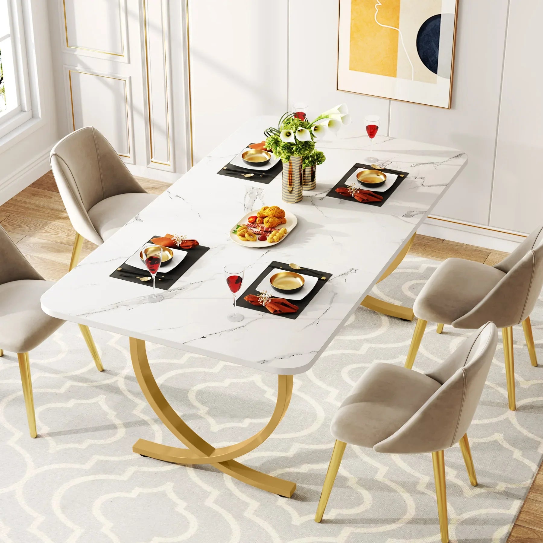 63-Inch Rectangular Dining Table for 4 to 6, Marble Table Top