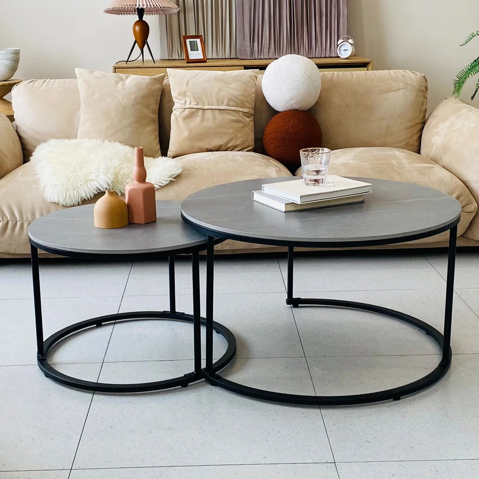 Modern Nesting Round Grey Marble Top Coffee Table Set