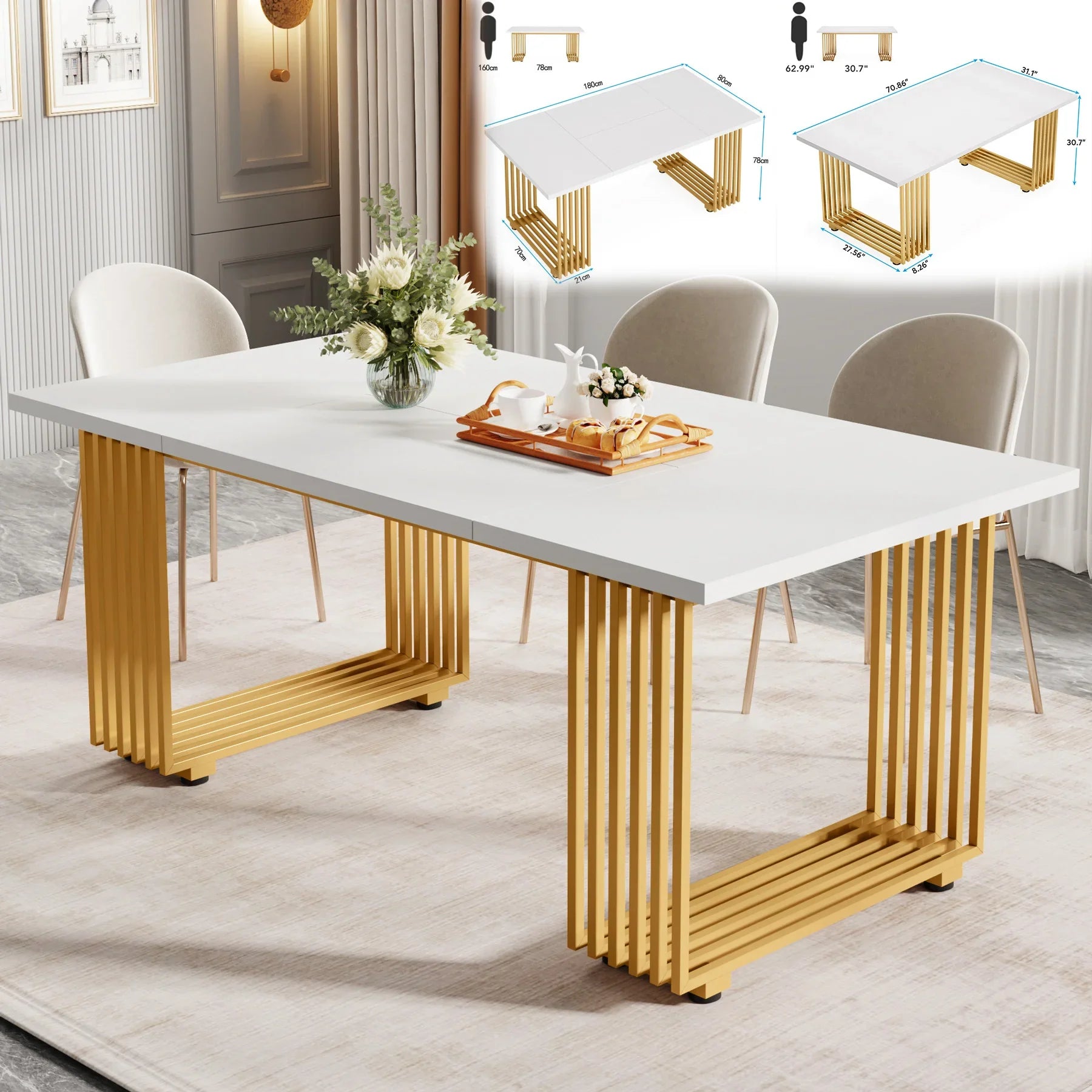63-Inch Rectangular Dining Table for 4 to 6, Marble Table Top