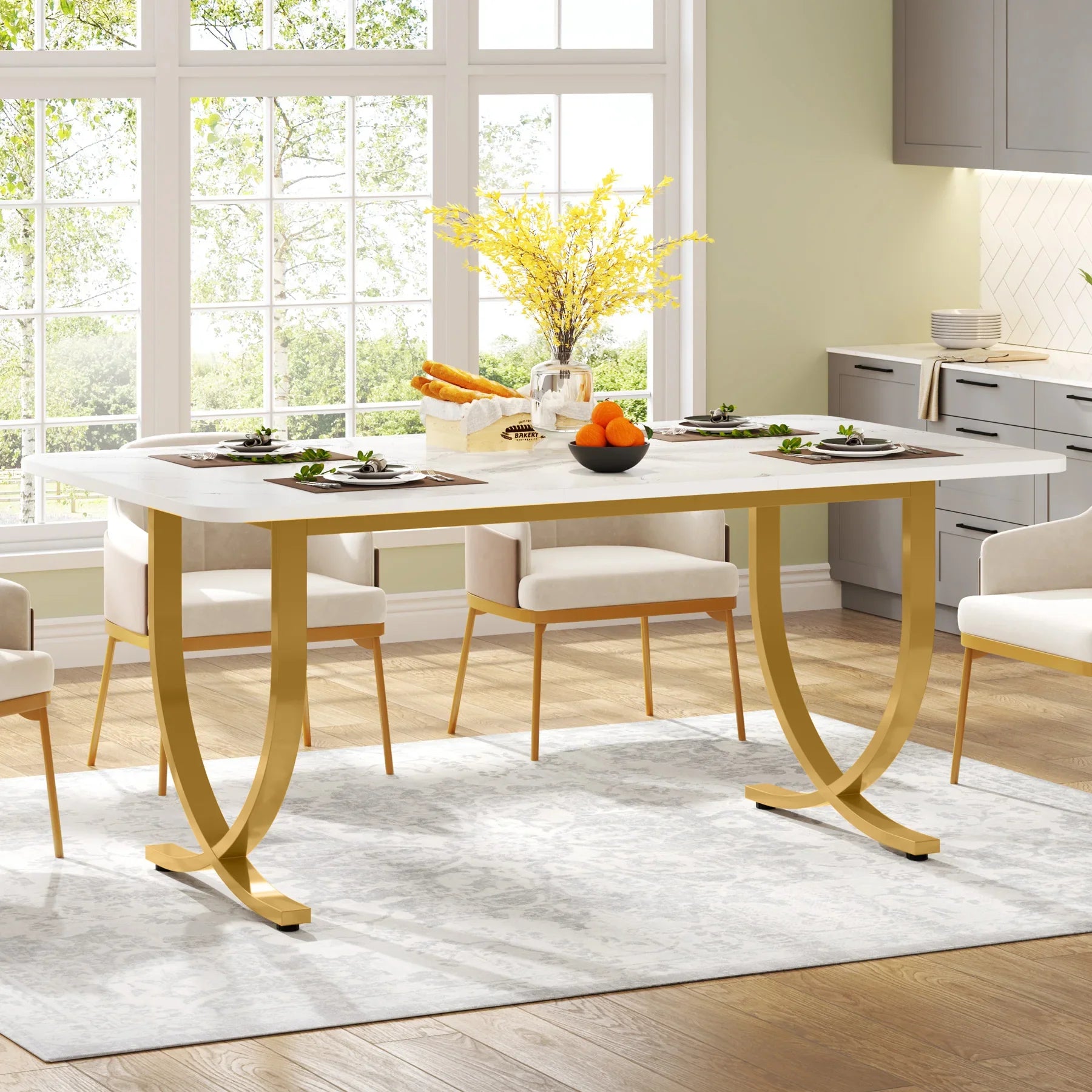 63-Inch Rectangular Dining Table for 4 to 6, Marble Table Top
