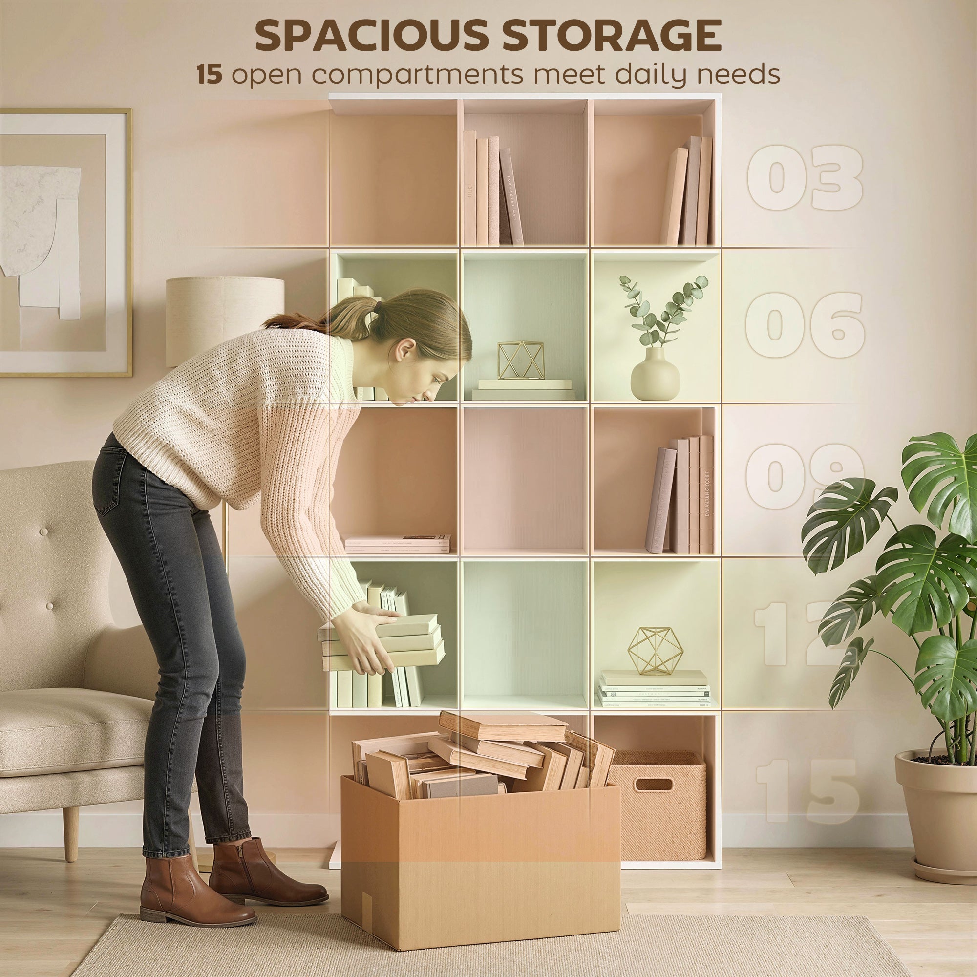 Bookshelf, S Shaped Geometric Bookcase with 15 Compartments, 5-Tier