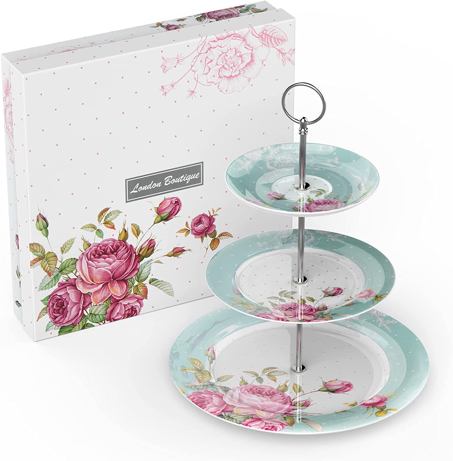 3 Tier Cake Plate Stand, Porcelain - Chic Vintage Floral - Gift Box (Turquoise)
