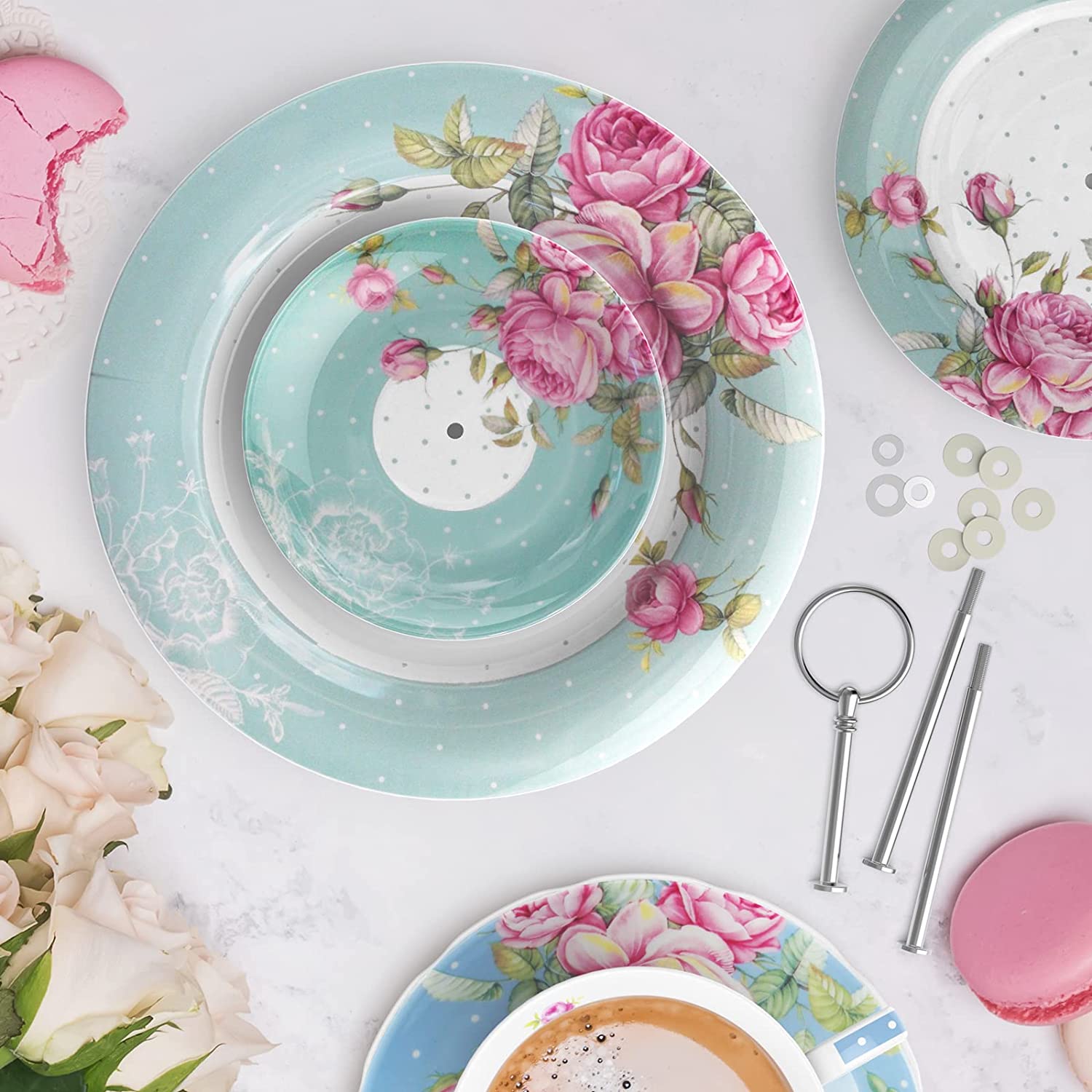 3 Tier Cake Plate Stand, Porcelain - Chic Vintage Floral - Gift Box (Turquoise)