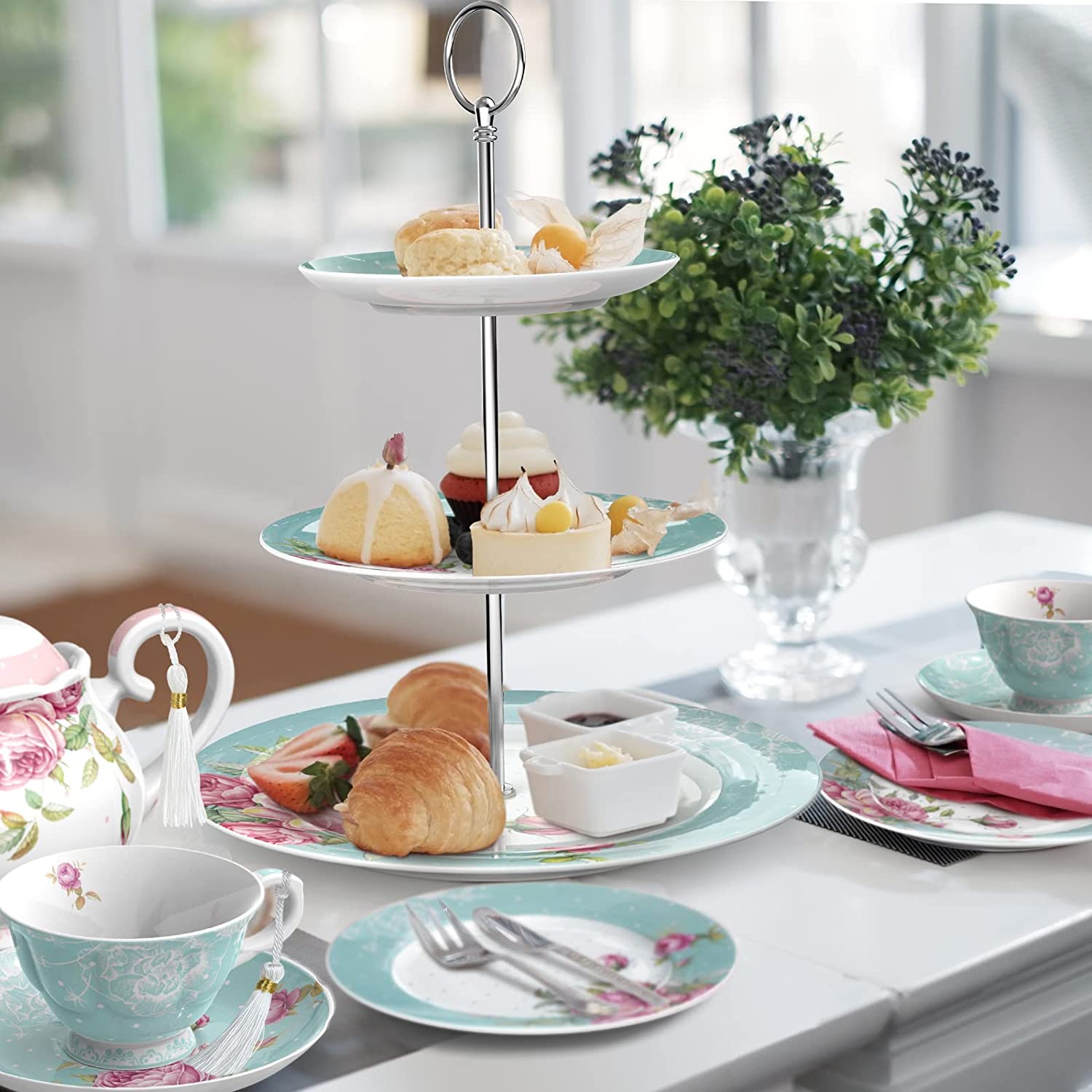 3 Tier Cake Plate Stand, Porcelain - Chic Vintage Floral - Gift Box (Turquoise)