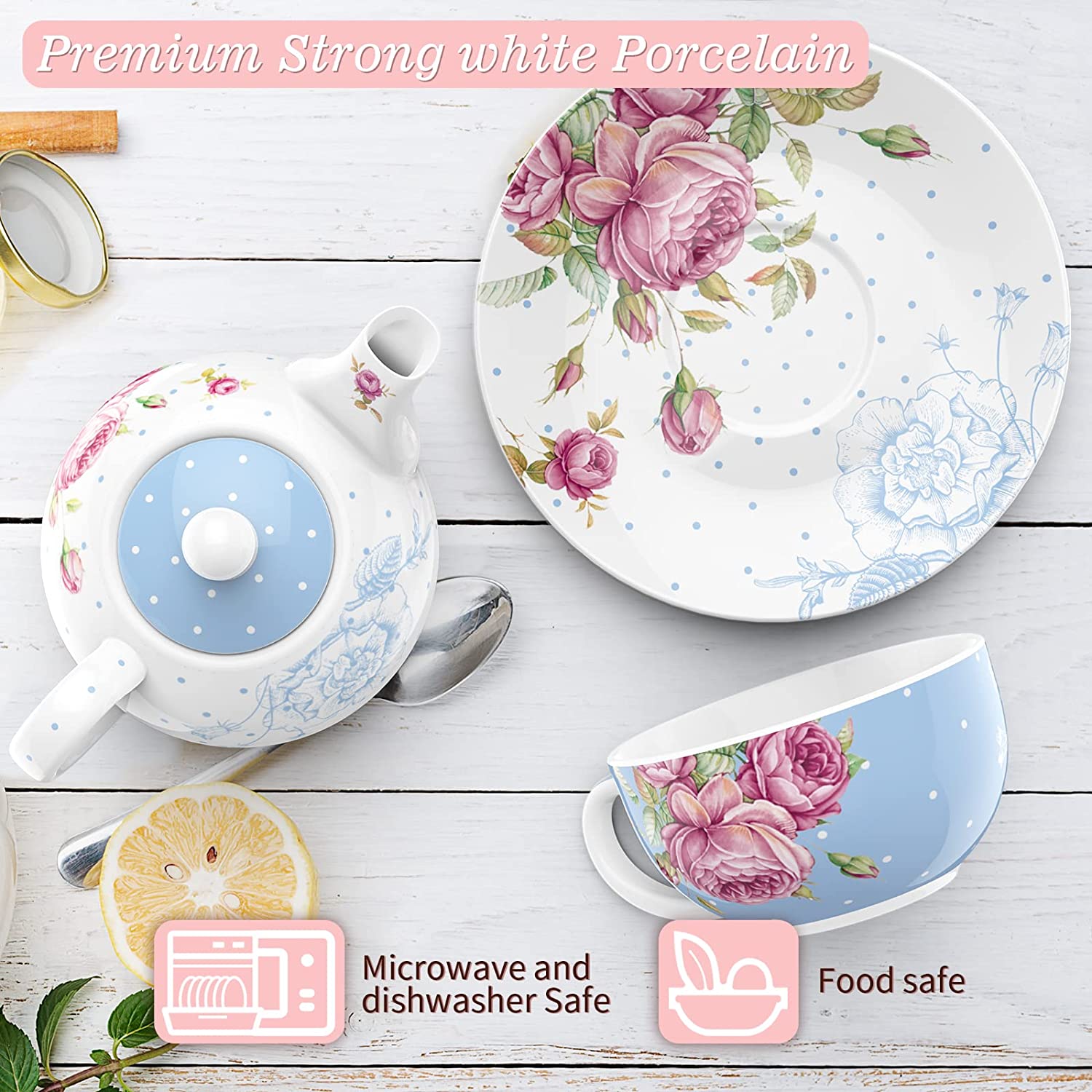 Teapot & Teacup Saucer Set - Afternoon Tea Set for 1 - New Bone China Vintage Floral (Blue)