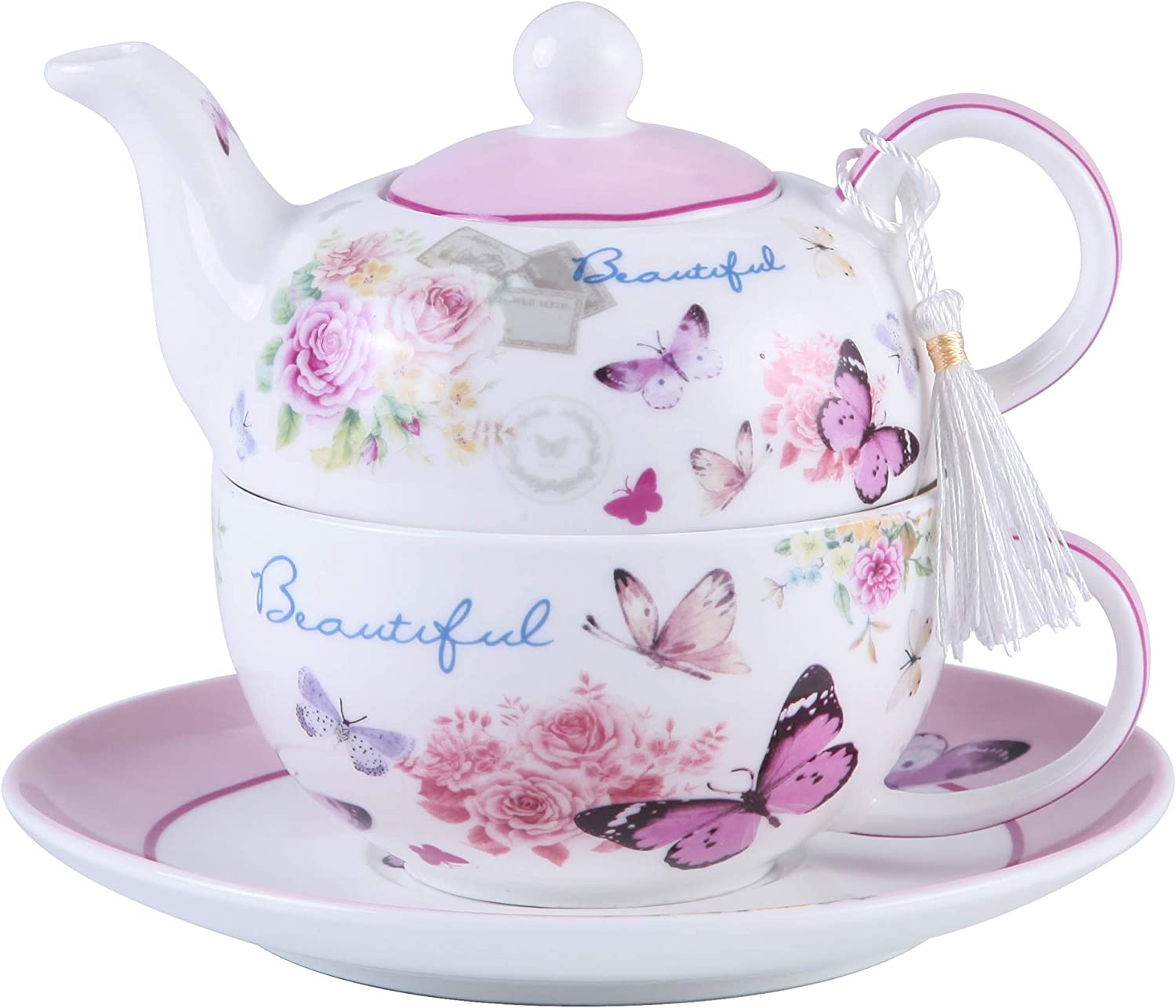 Tea for One Teapot Cup suacer Set - Vintage Flora Porcelain Gift Box (Butterfly Rose)