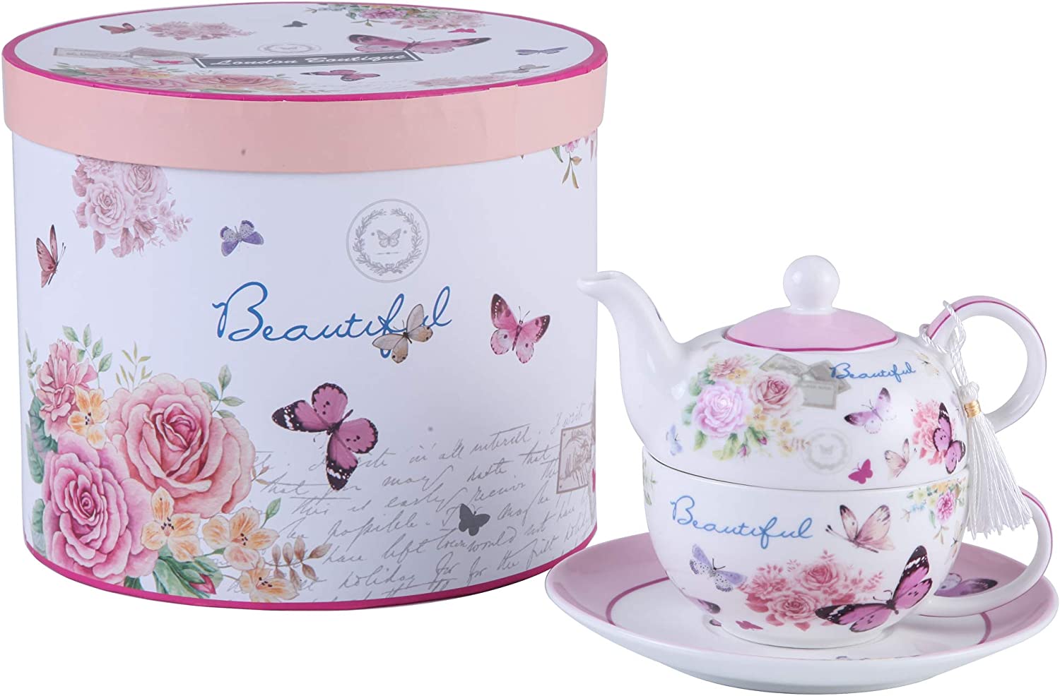 Tea for One Teapot Cup suacer Set - Vintage Flora Porcelain Gift Box (Butterfly Rose)