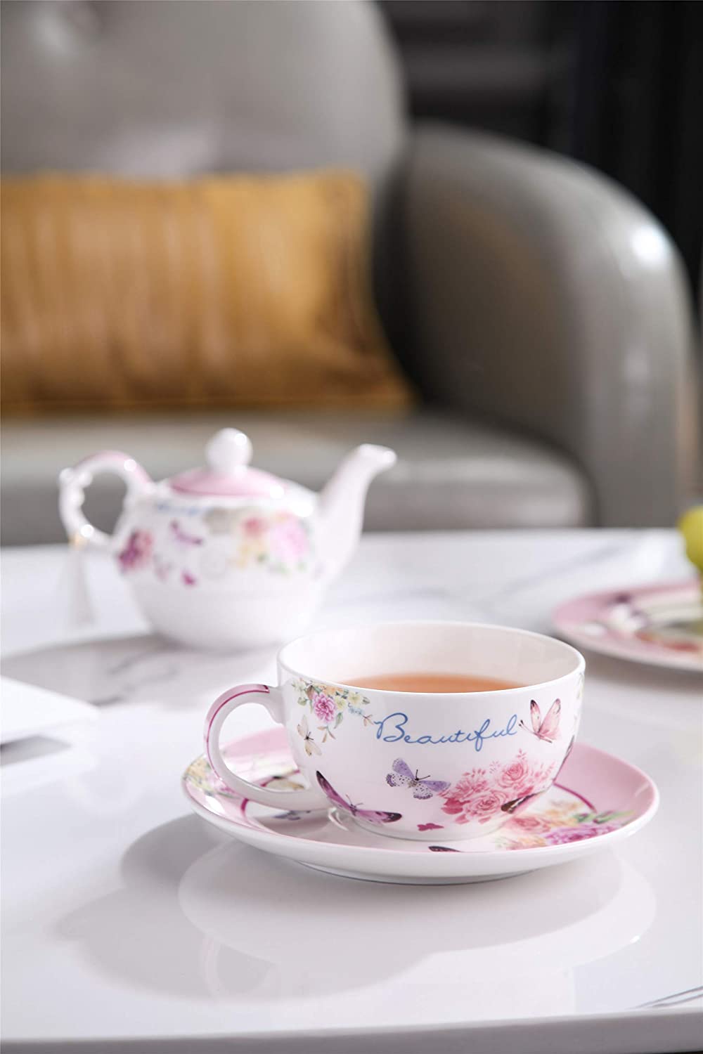 Tea for One Teapot Cup suacer Set - Vintage Flora Porcelain Gift Box (Butterfly Rose)