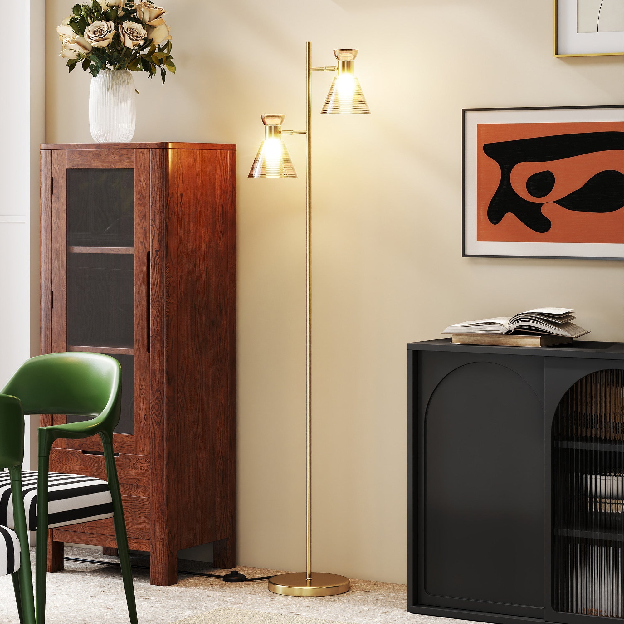 Floor Lamp with Adjustable Dual Head, Modern with Floral Glass Shades