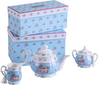 Full Porcelain Gift Set - 3 Tier Cake Stand, Teapot, Milk Jug, 2 Cups 2 Saucers  - Chic Vintage Floral - Gift Box (Blue Rose)
