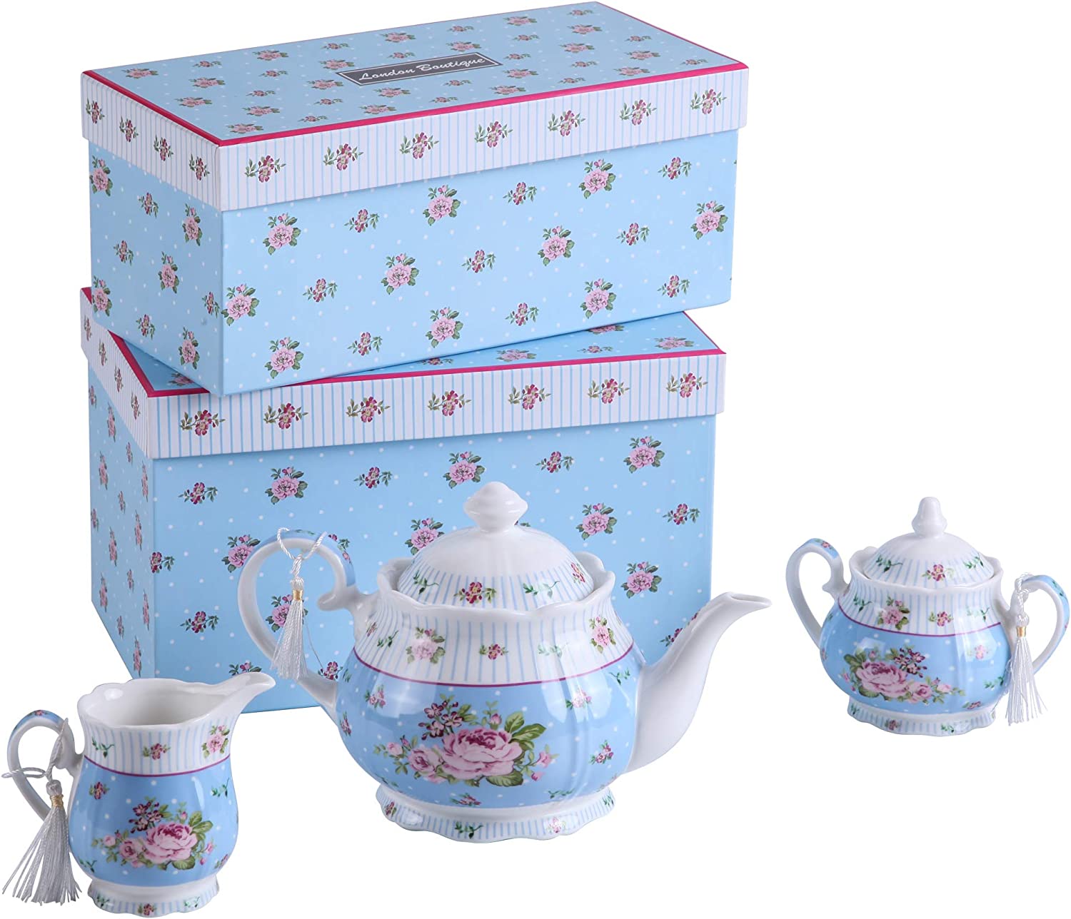 Full Porcelain Gift Set - 3 Tier Cake Stand, Teapot, Milk Jug, 2 Cups 2 Saucers  - Chic Vintage Floral - Gift Box (Blue Rose)