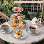 Porcelain Gift Set for Her - Afternoon Tea - 3 Tier Cake Stand, 2 Cups 2 Saucers, 4 Plates (Turquoise)