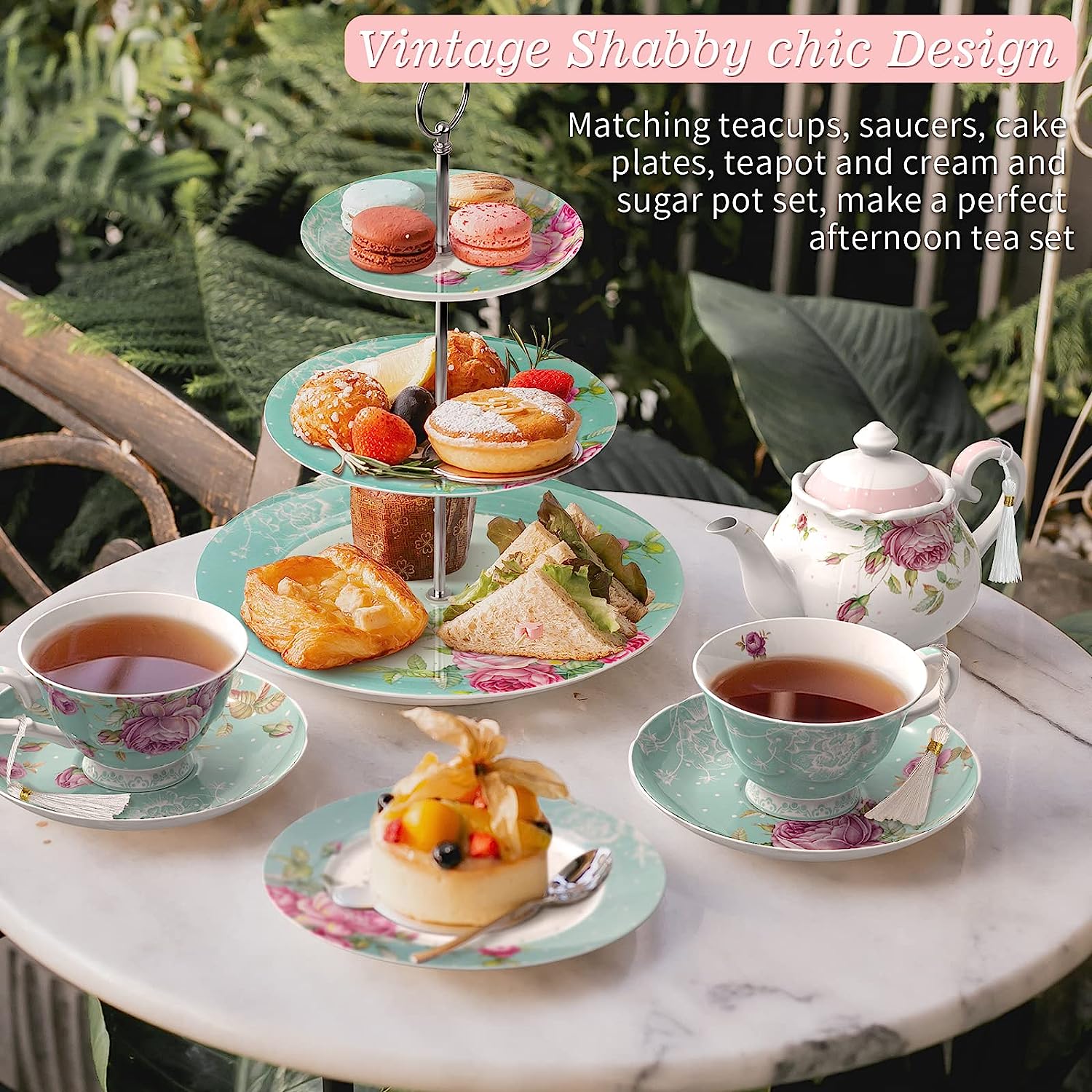 Porcelain Gift Set for Her - Afternoon Tea - 3 Tier Cake Stand, 2 Cups 2 Saucers, 4 Plates (Turquoise)