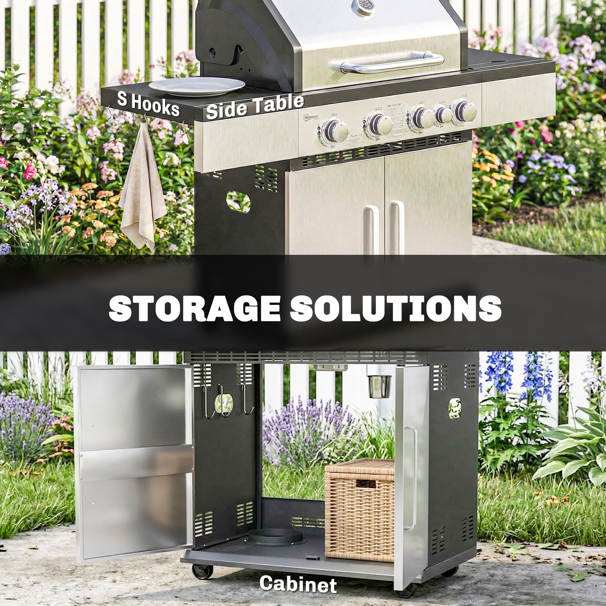4+1 Portable Gas BBQ Grill with Side Burner, Warming Rack, Side Shelf, Storage Cabinet