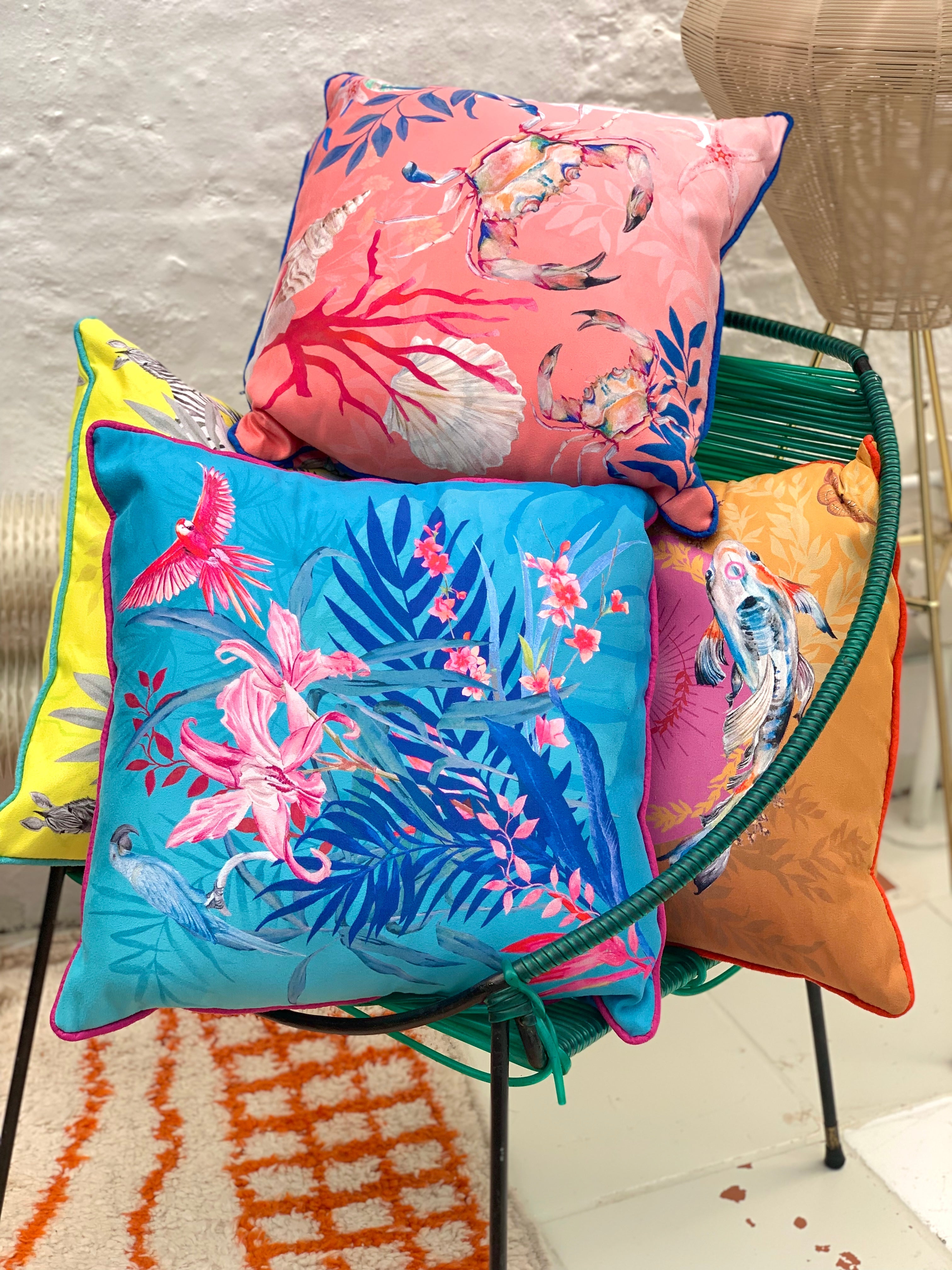 Koi Watercolour Art Cushion 'Golden pool' with fish illustration, made from Vegan friendly Suede