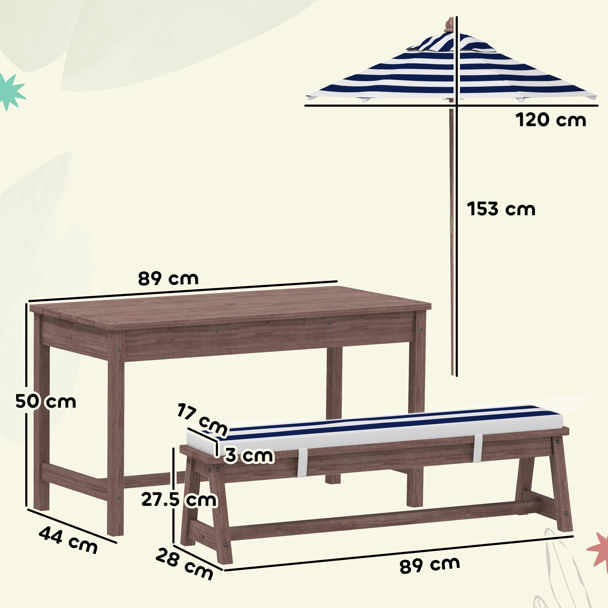 Wooden Kids Picnic Table & Bench Set with Cushions and Umbrella