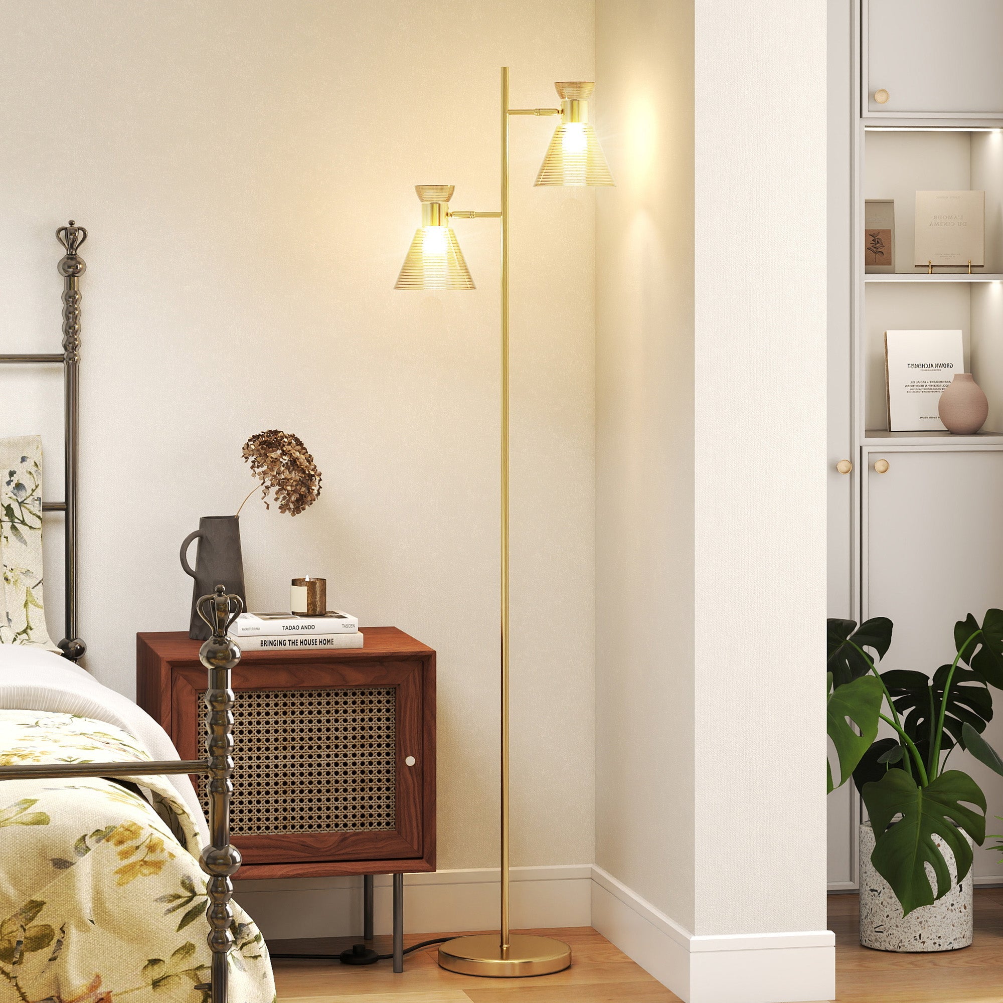 Floor Lamp with Adjustable Dual Head, Modern with Floral Glass Shades