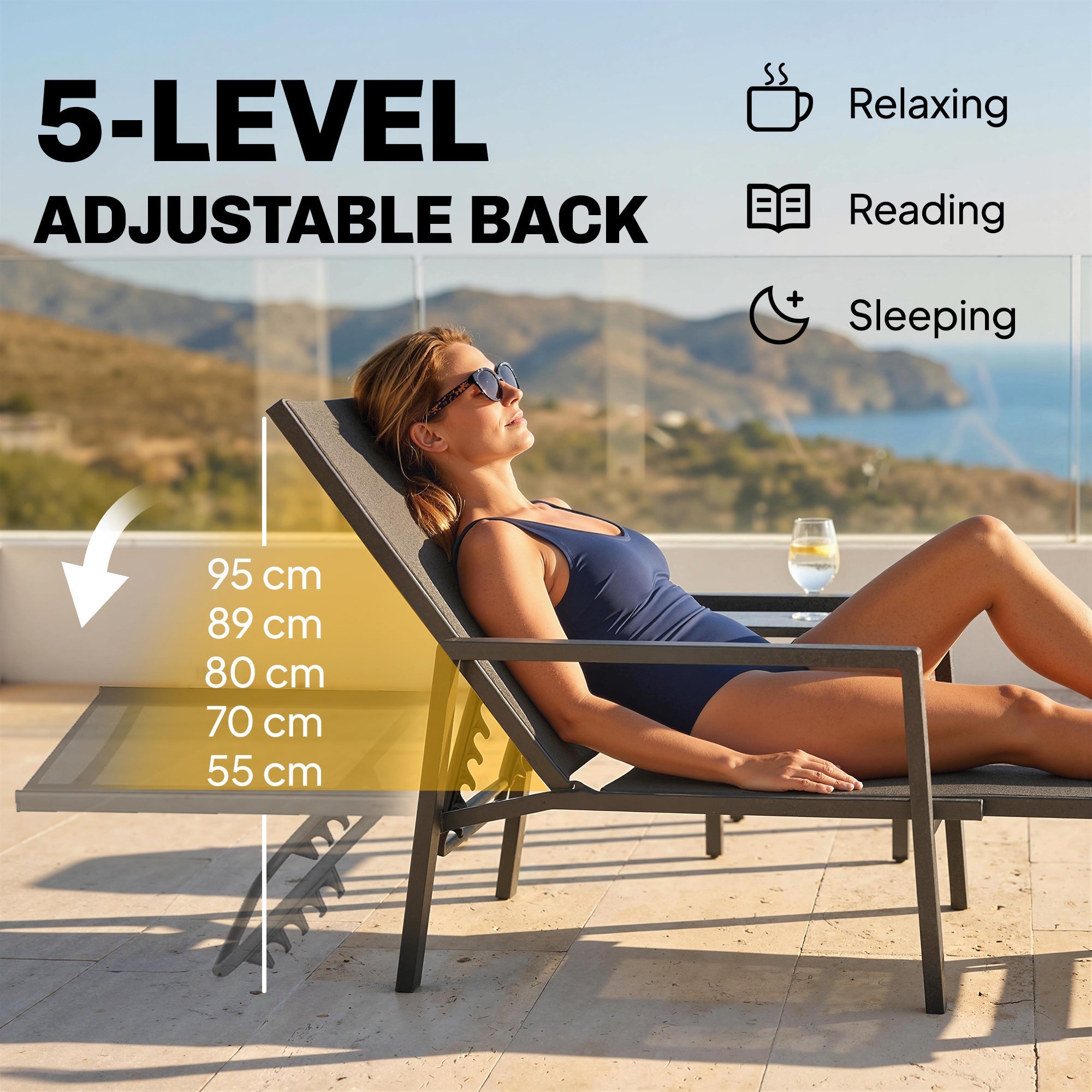 Sun Lounger Retractable Footrest 5-Position Adjustable Steel Frame