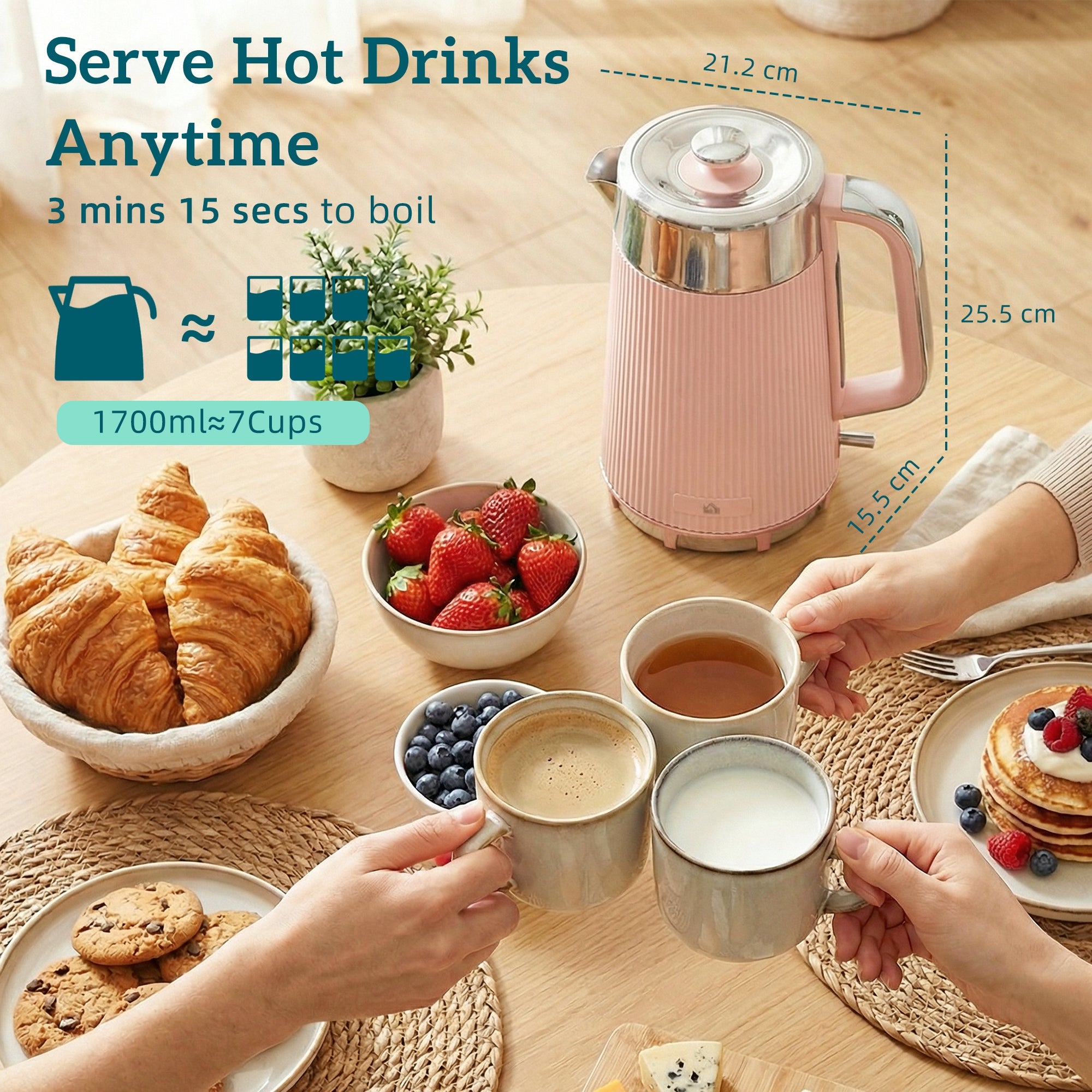 Electric Stainless Steel Kettle and Toaster Set - Pink