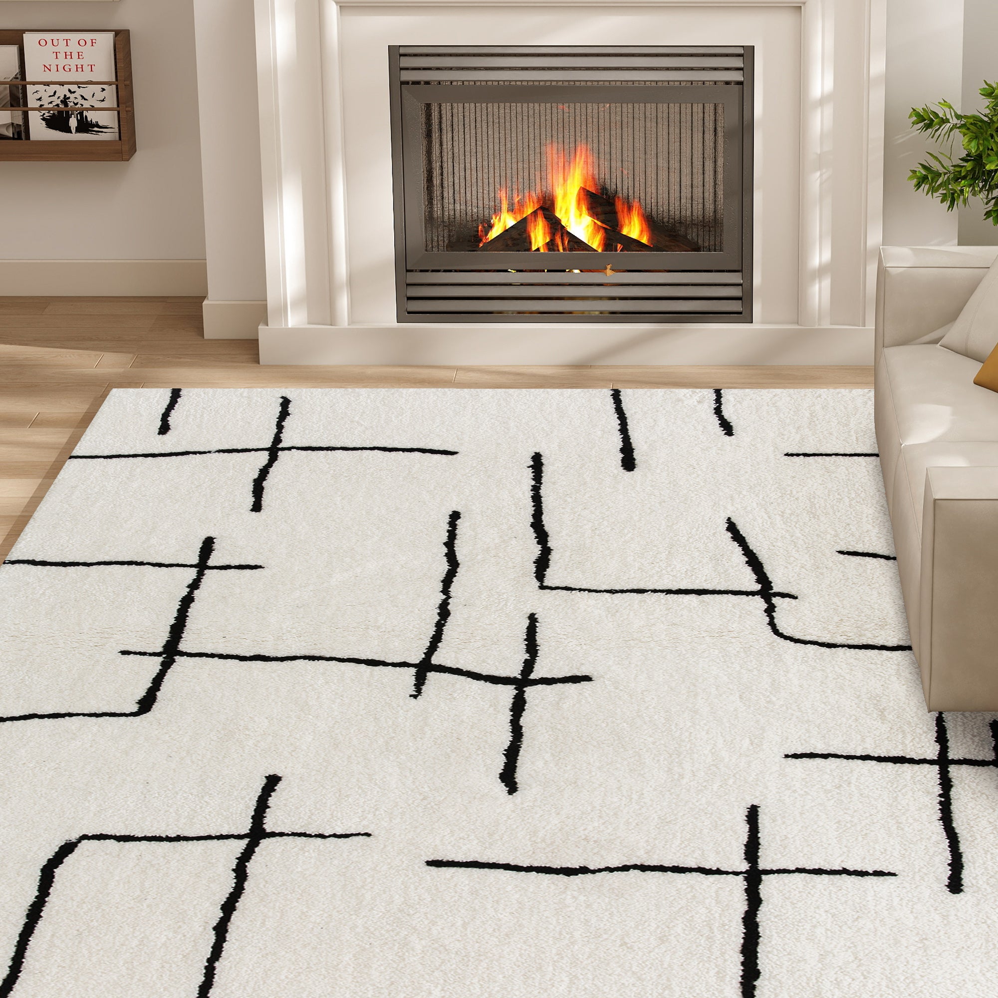 Modern Fluffy Area Rug, Geometric Pattern Washable Rug