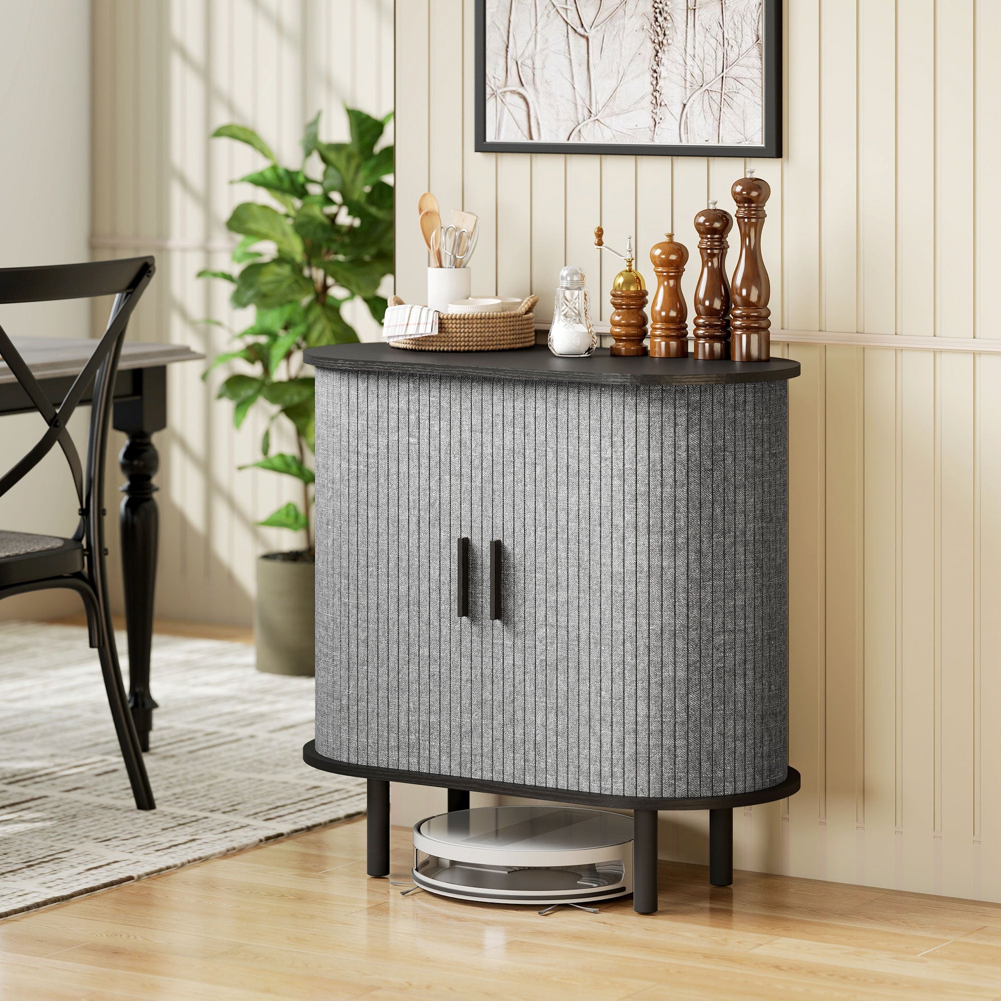 Tambour Sideboard with Fluted Sliding Doors,Wooden Legs