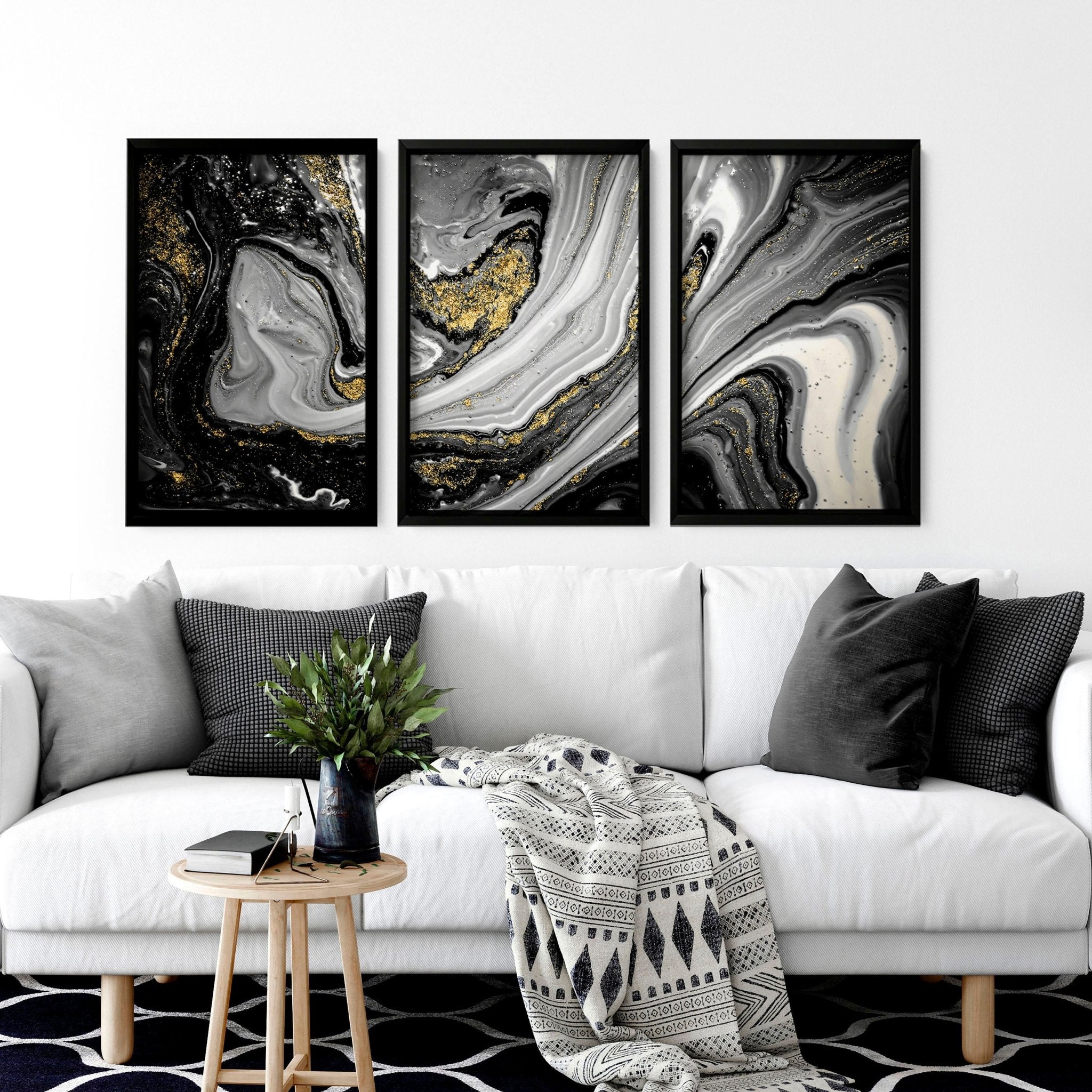 Black & Gold Abstract Marble Art Set of 3