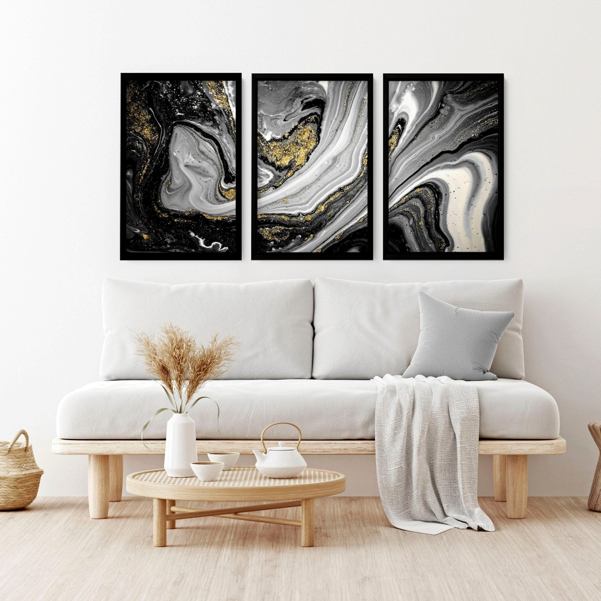 Black & Gold Abstract Marble Art Set of 3