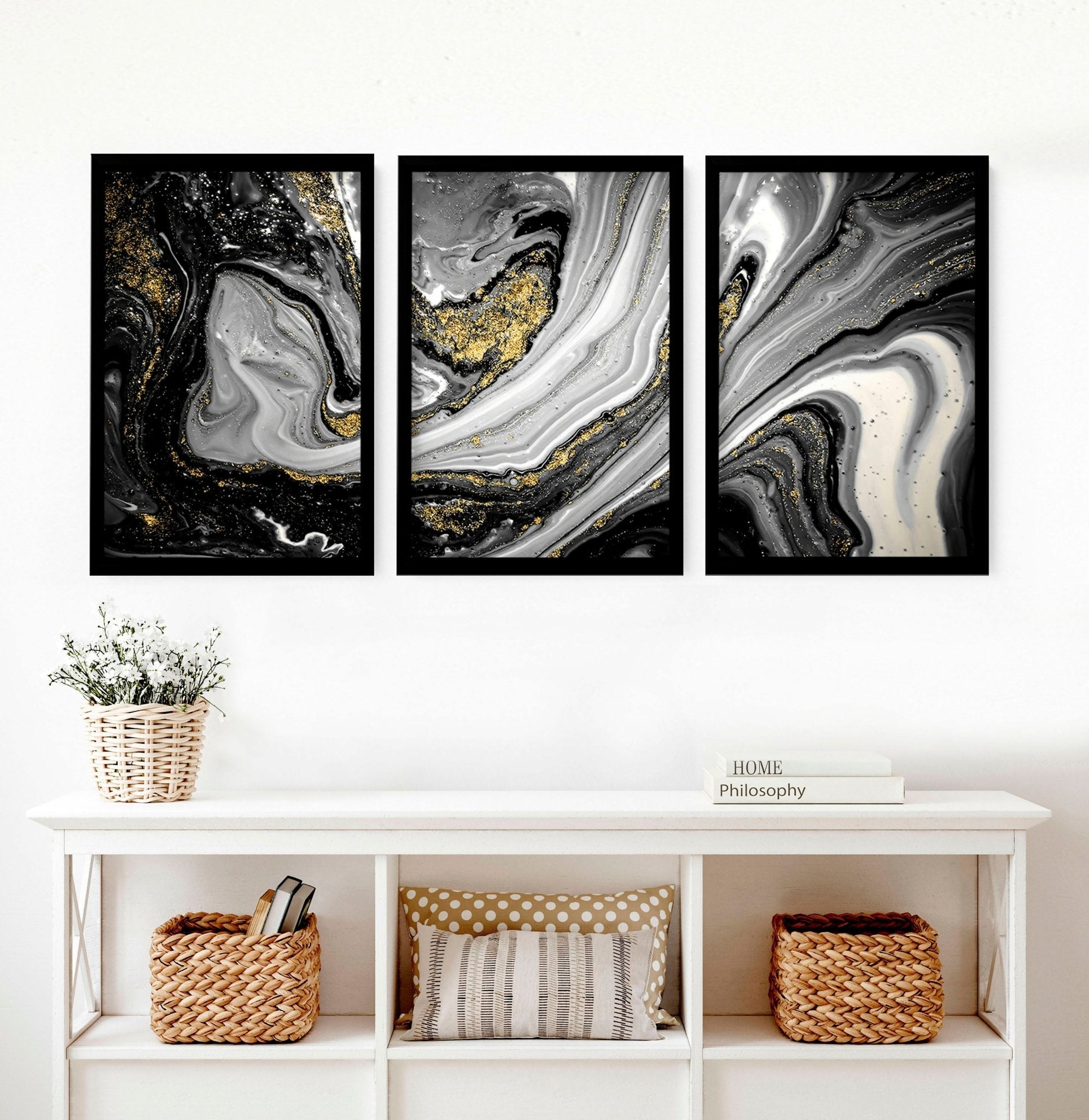 Black & Gold Abstract Marble Art Set of 3