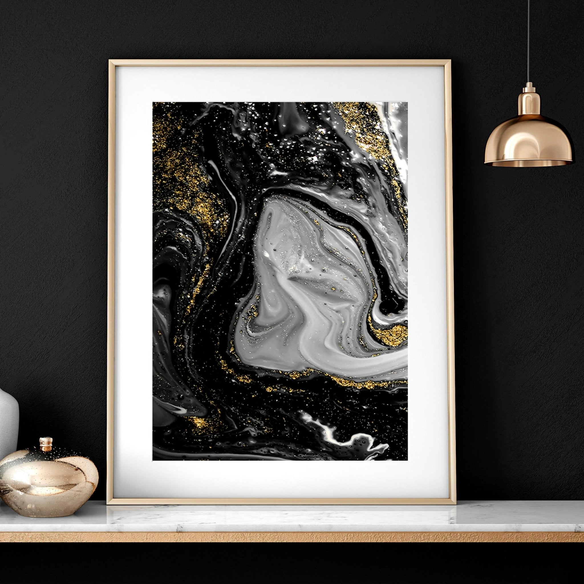 Black & Gold Abstract Marble Art Set of 3
