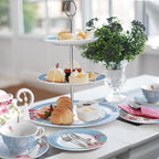Porcelain Gift Set for Her - Afternoon Tea - 3 Tier Cake Stand, 2 Cups 2 Saucers, 4 Plates (Blue)