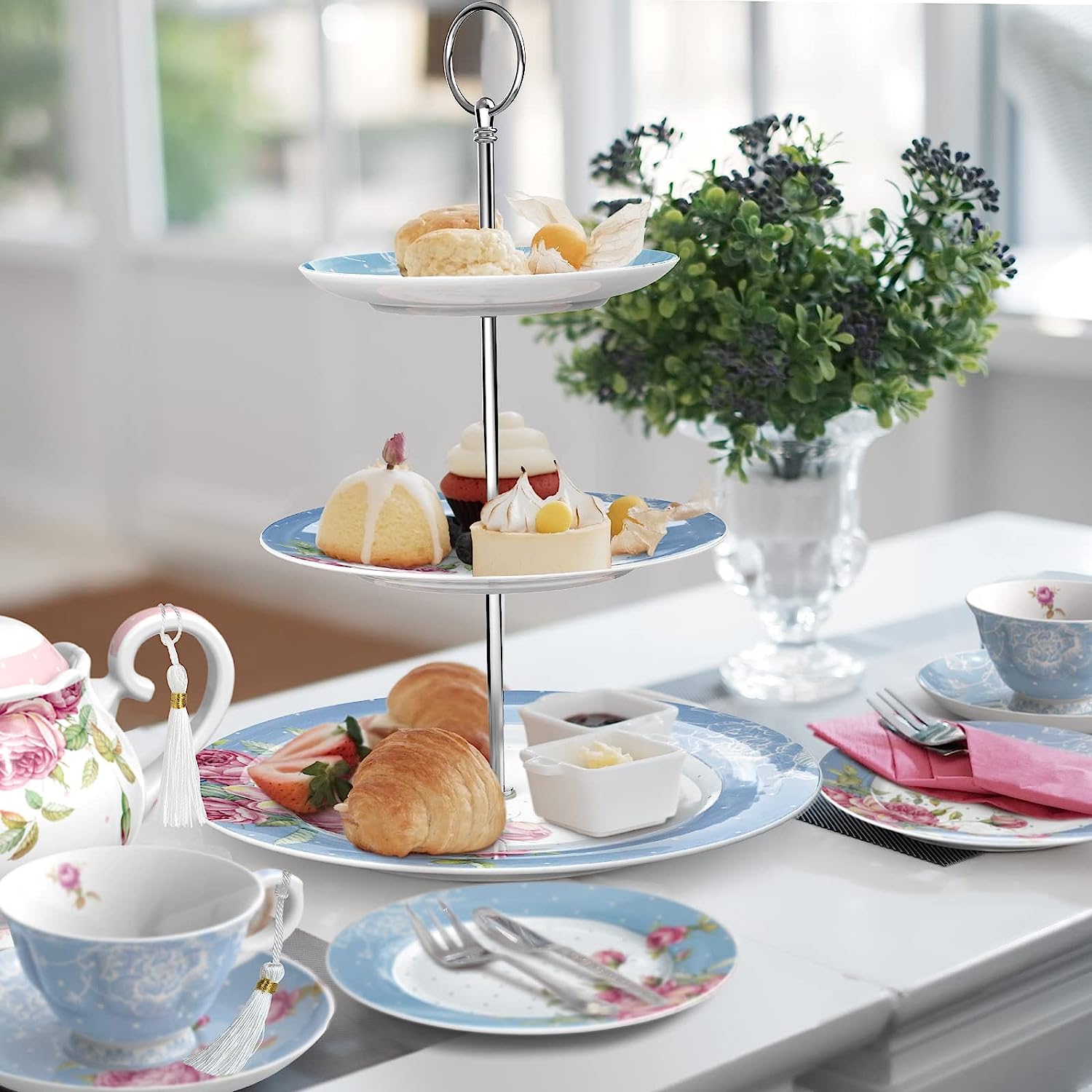 Porcelain Gift Set for Her - Afternoon Tea - 3 Tier Cake Stand, 2 Cups 2 Saucers, 4 Plates (Blue)