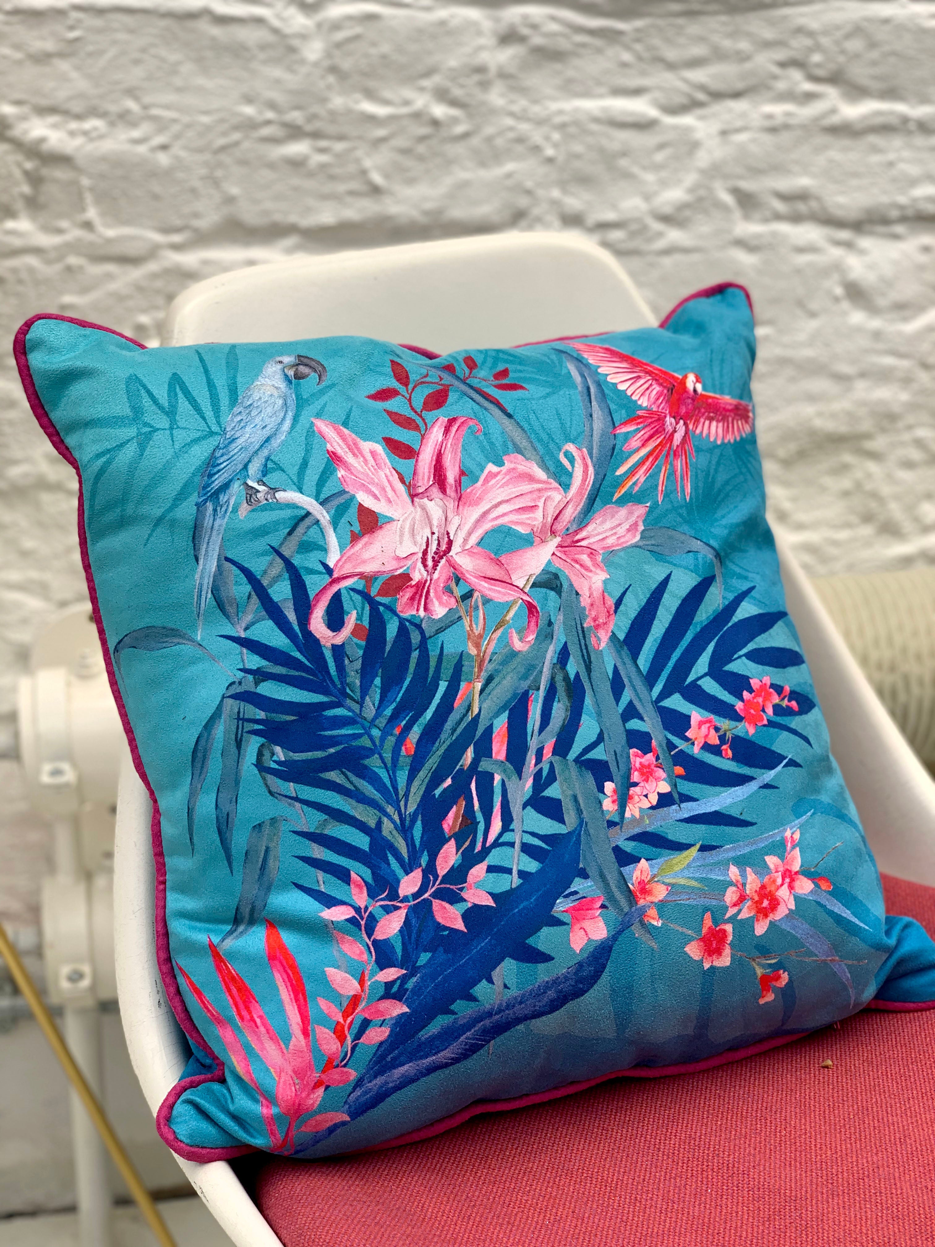 Turquoise Tropical Art Cushion - double sided, made from Vegan friendly Suede