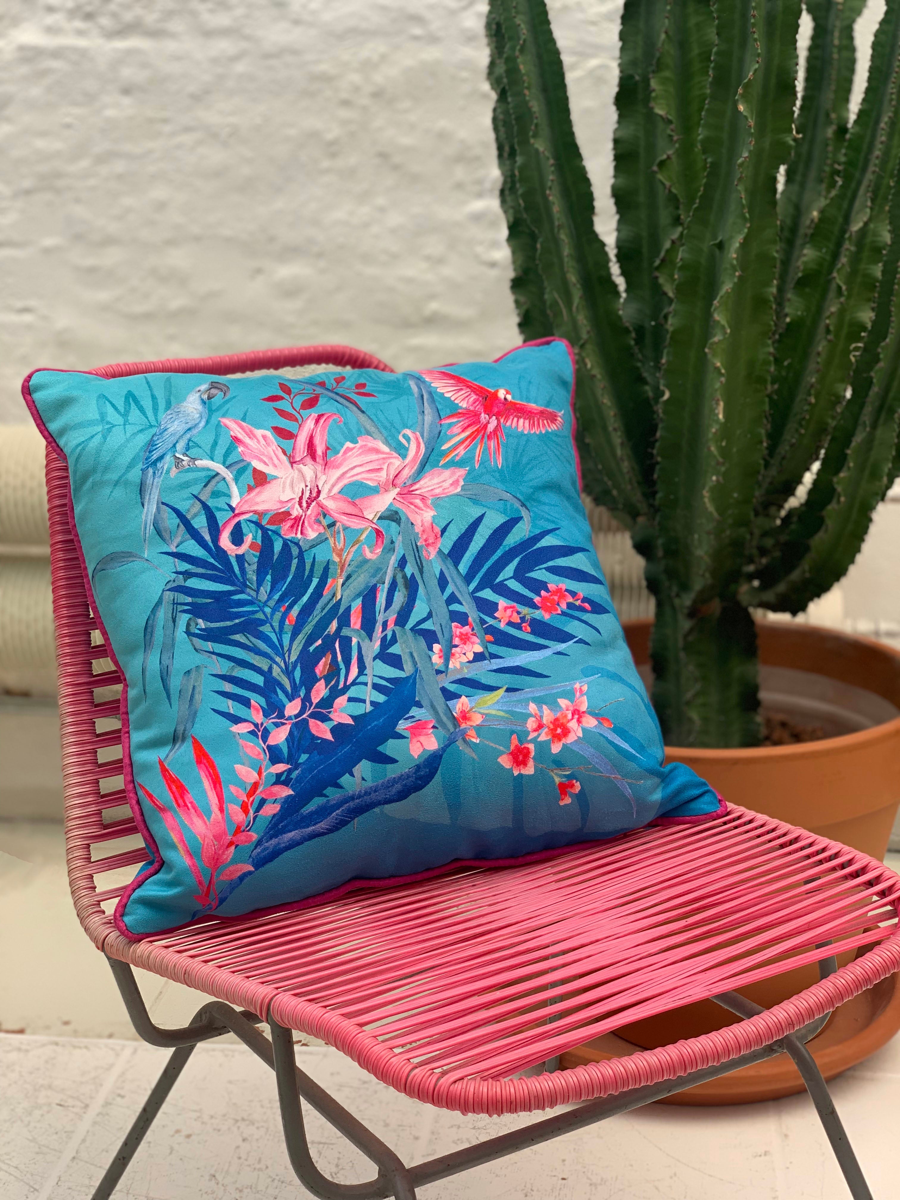 Turquoise Tropical Art Cushion - double sided, made from Vegan friendly Suede