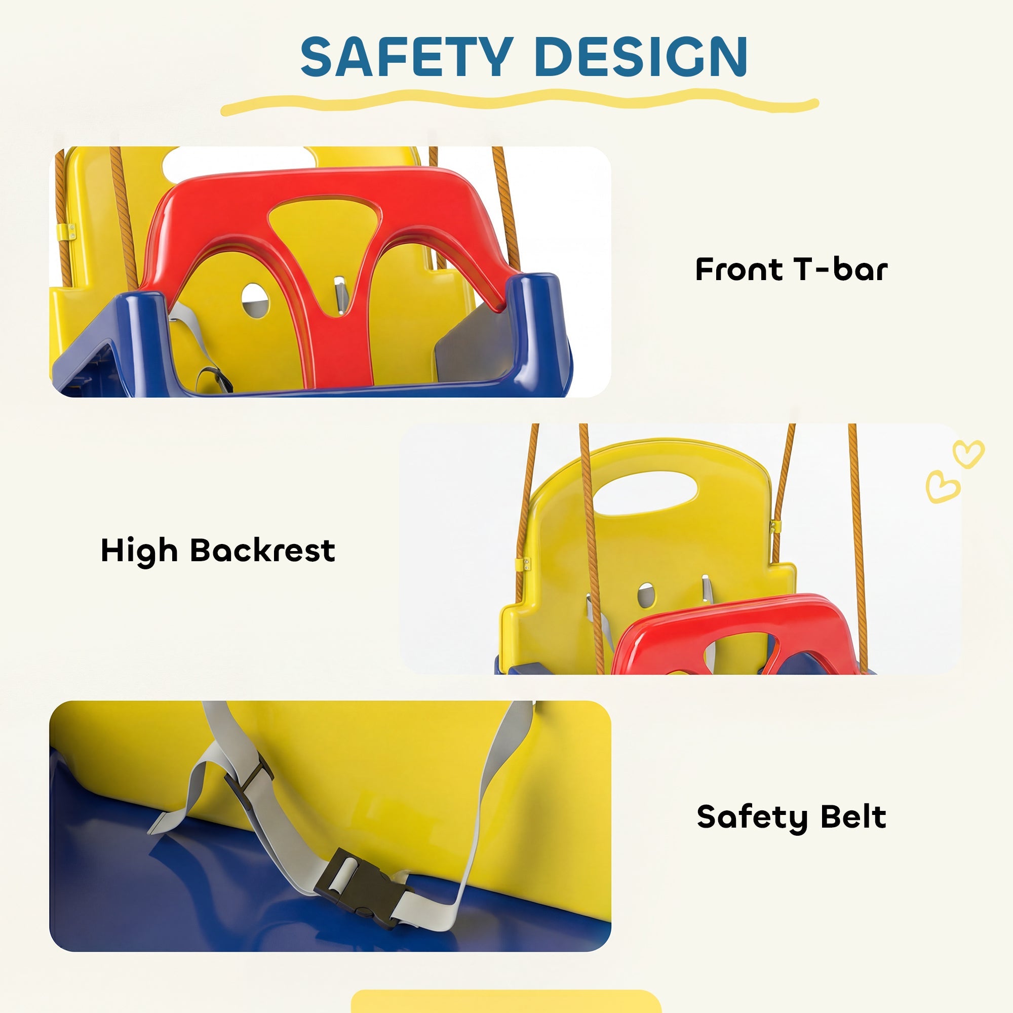 Kids Swing Seat with Seatbelt, Adjustable Rope, 3 in 1, Detachableb