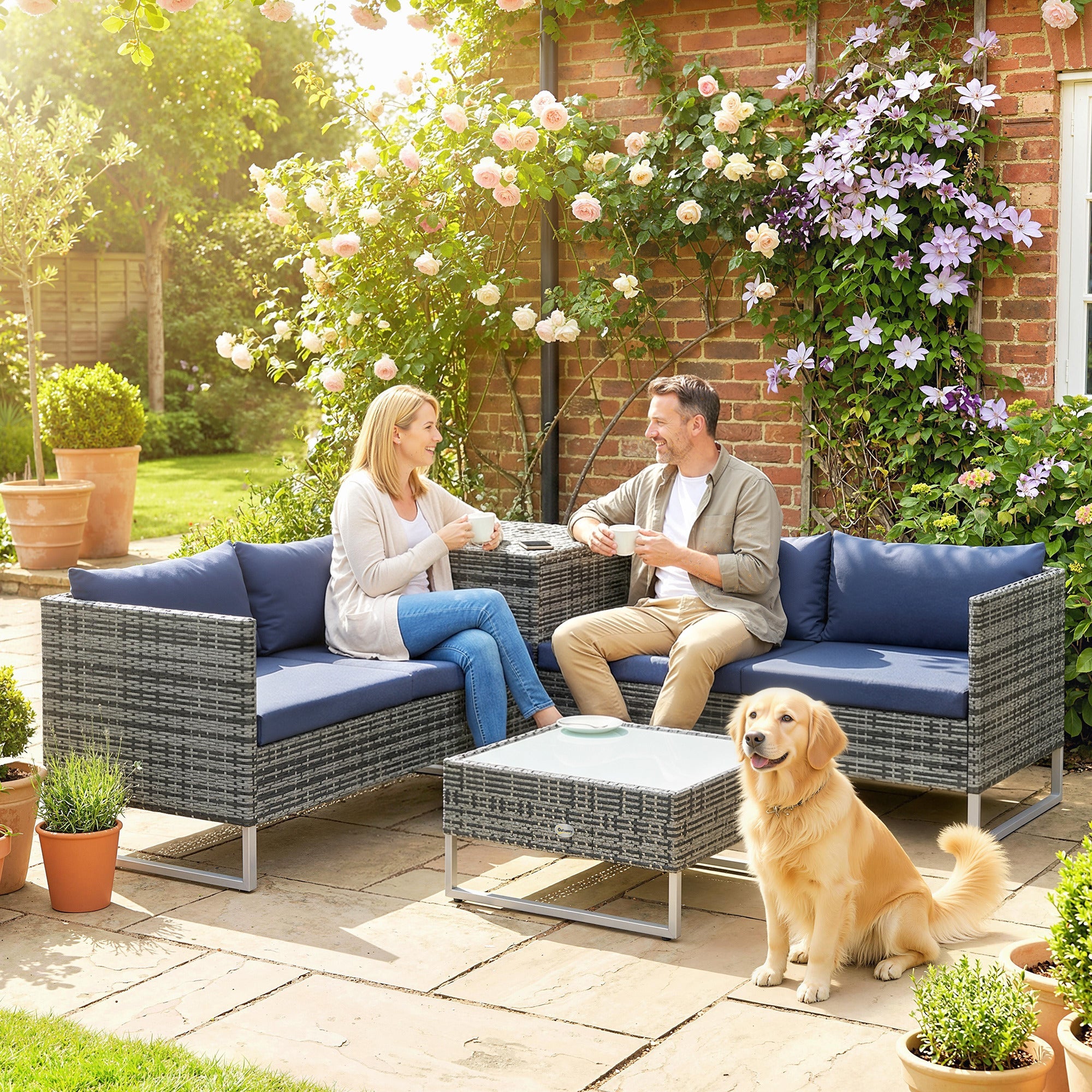 4 Piece Rattan Garden Furniture Set, Corner Sofa Set with Storage Table