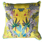 Vibrant citrus yellow watercolour art Cushion 'Stallion' double sided Zebra design, made from Vegan friendly Suede