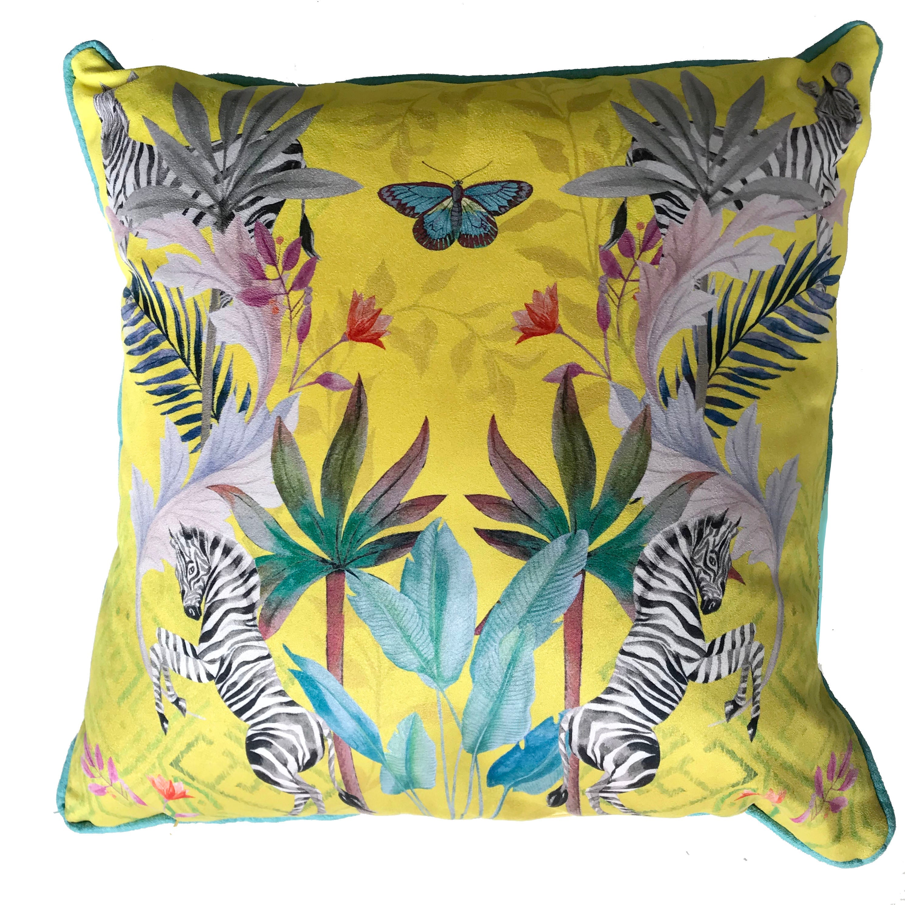 Vibrant citrus yellow watercolour art Cushion 'Stallion' double sided Zebra design, made from Vegan friendly Suede