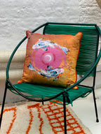Koi Watercolour Art Cushion 'Golden pool' with fish illustration, made from Vegan friendly Suede