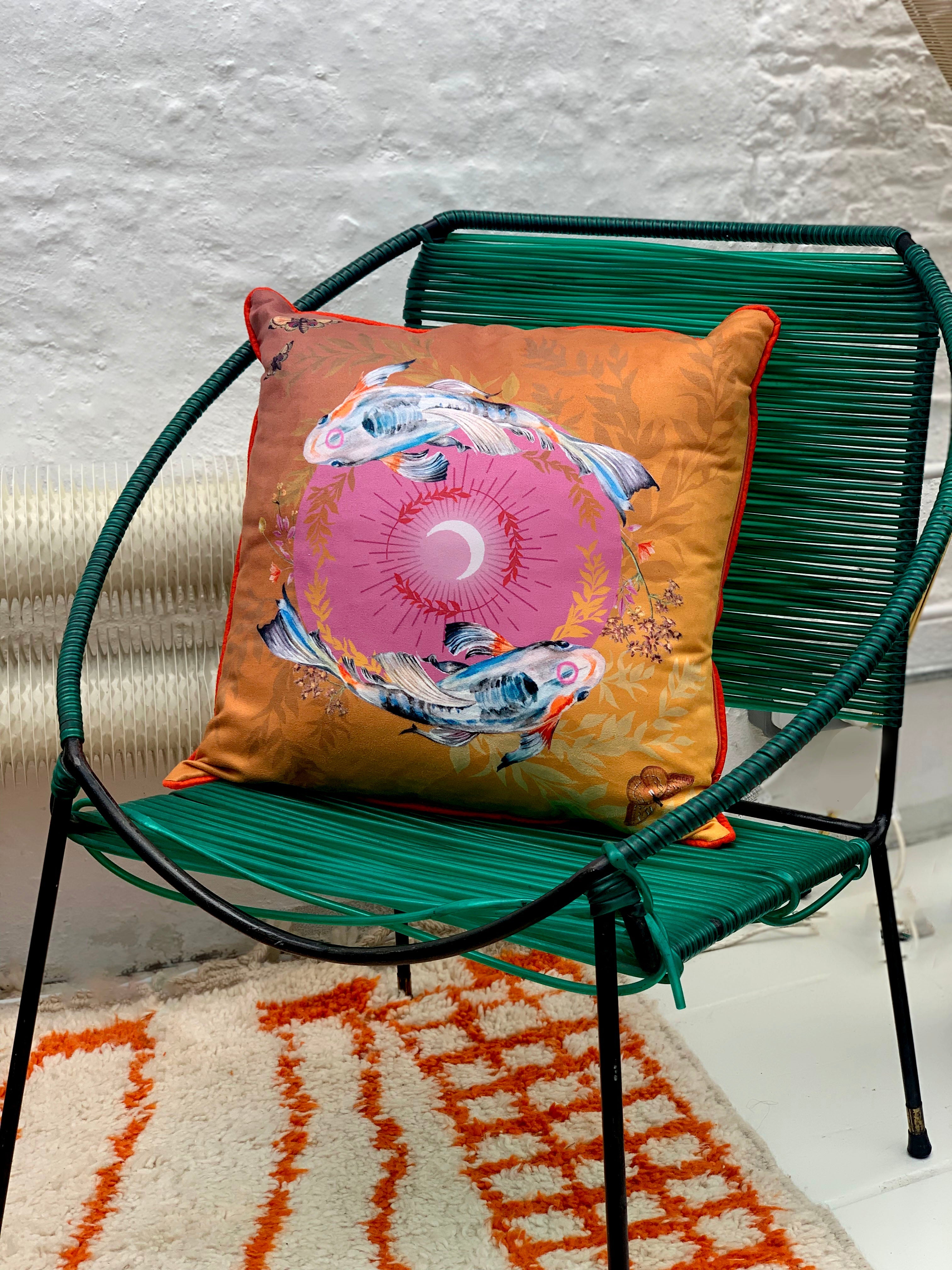 Koi Watercolour Art Cushion 'Golden pool' with fish illustration, made from Vegan friendly Suede