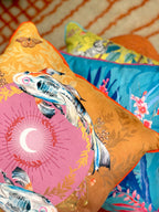 Koi Watercolour Art Cushion 'Golden pool' with fish illustration, made from Vegan friendly Suede