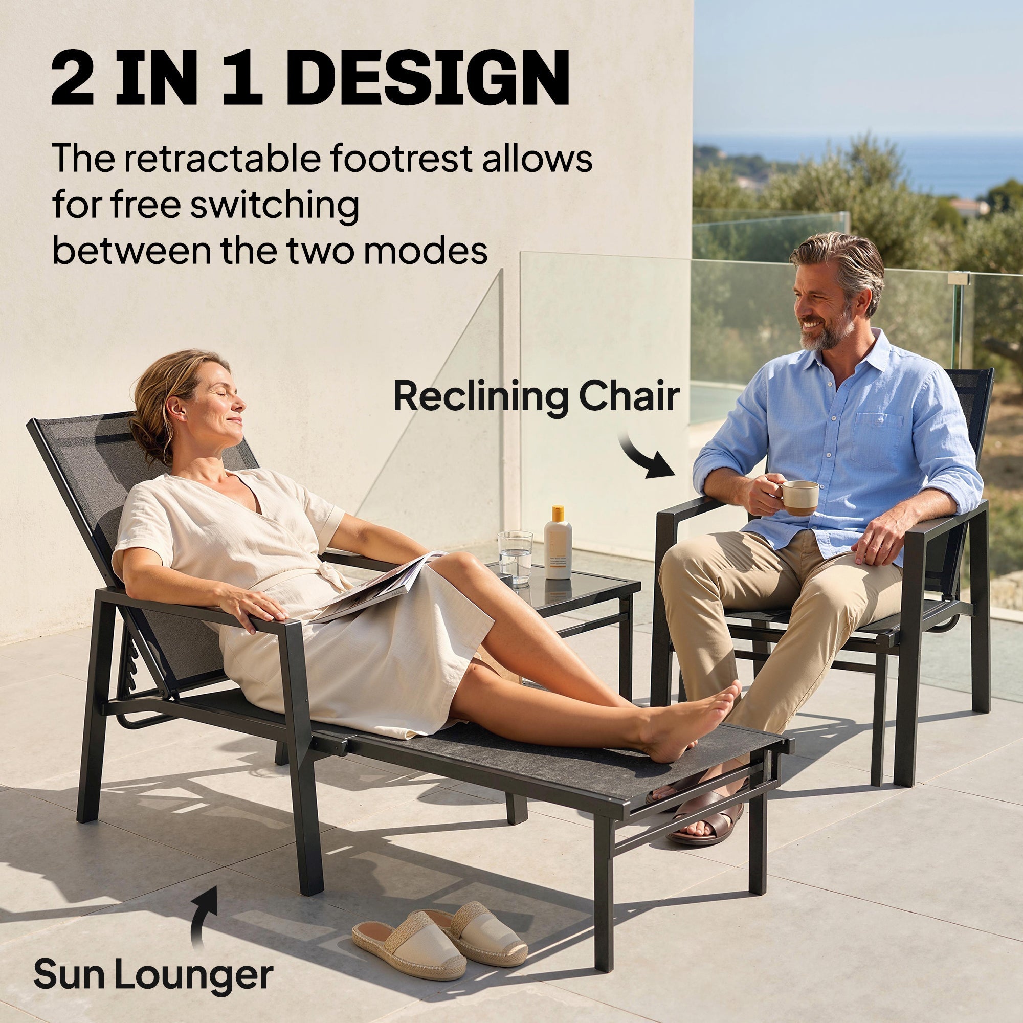 Sun Lounger Retractable Footrest 5-Position Adjustable - Set of 2