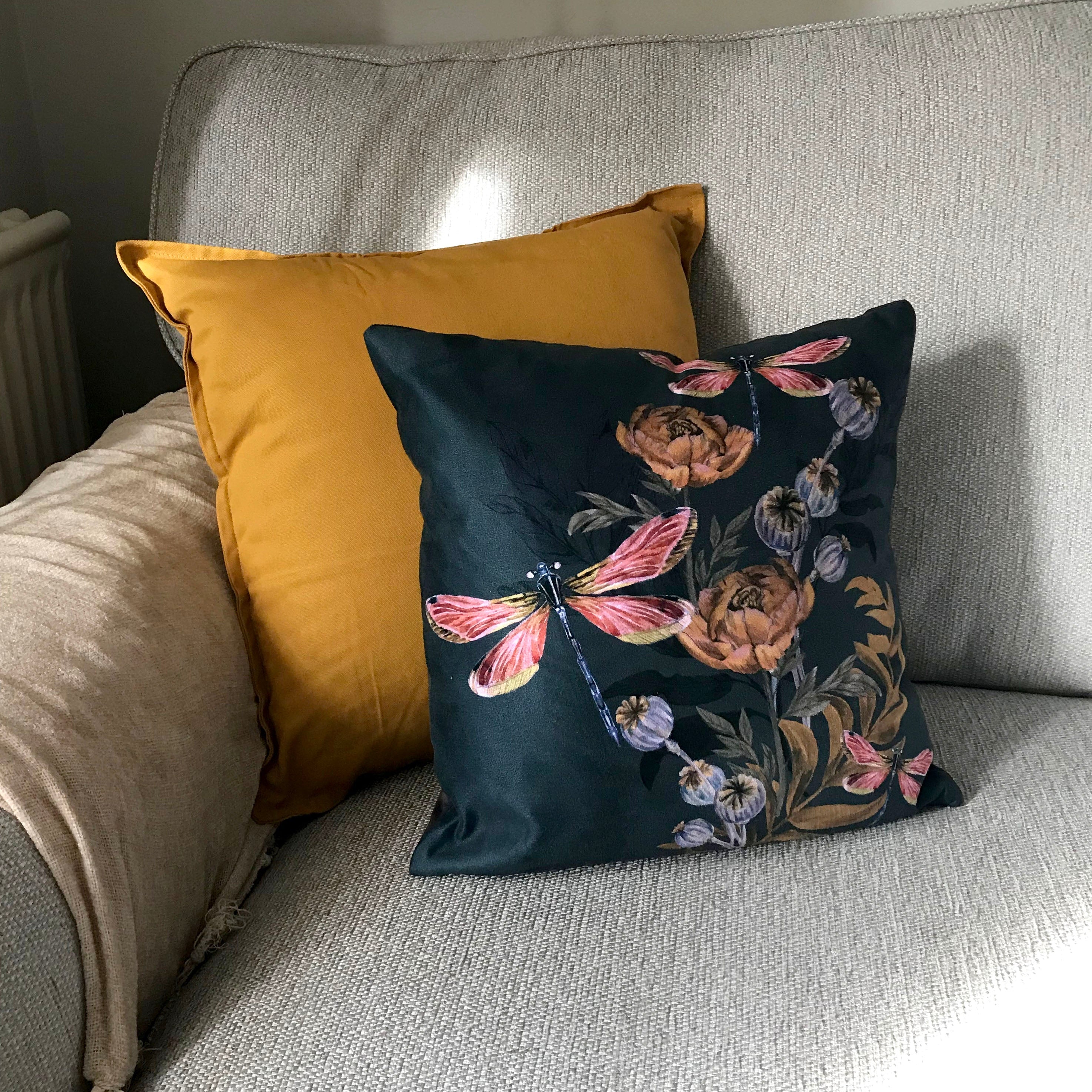 Indigo 'Dragonfly' Cushion with pink dragonflies and poppy seed heads