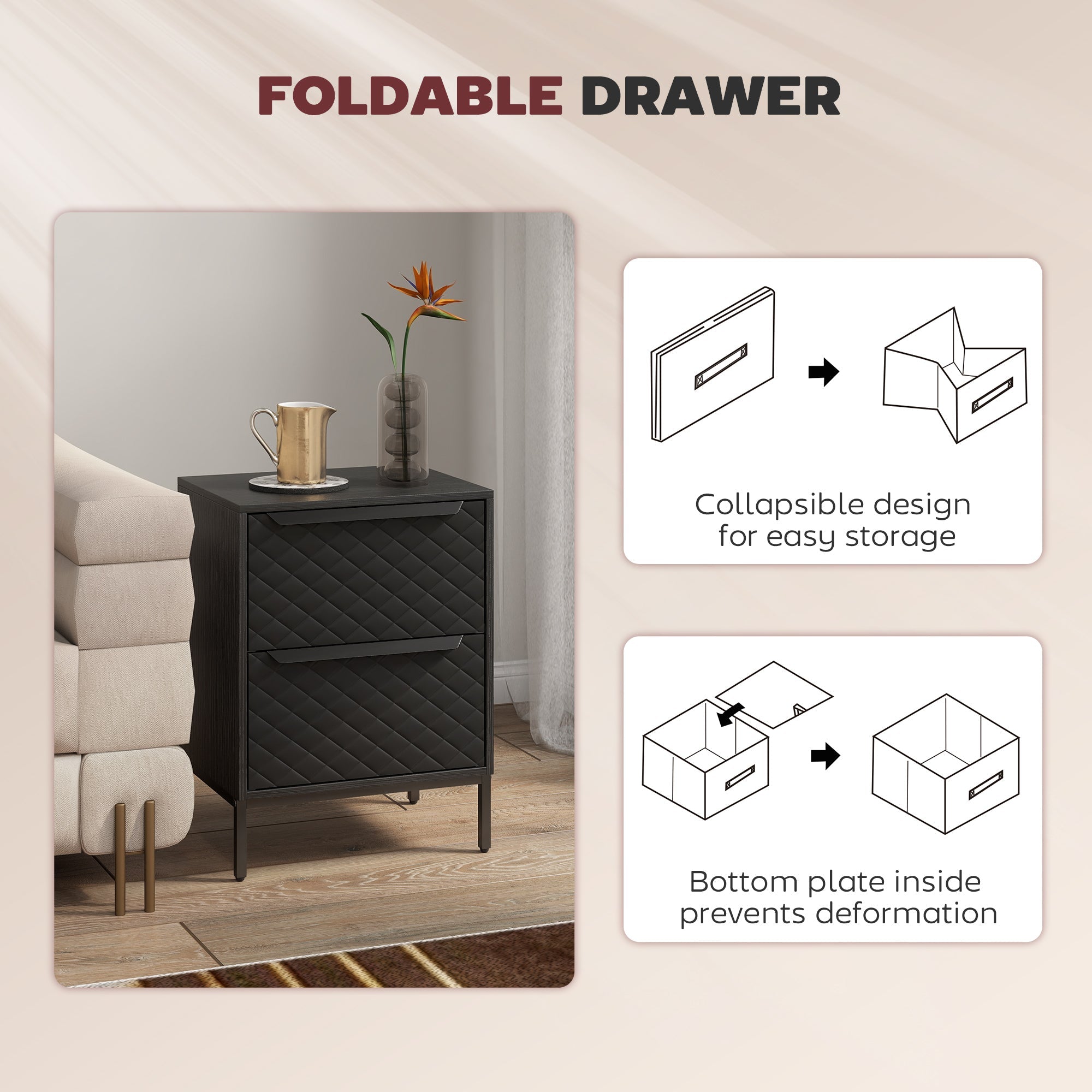 Chest of Drawers, Dresser with 2 Fabric Drawers - Black