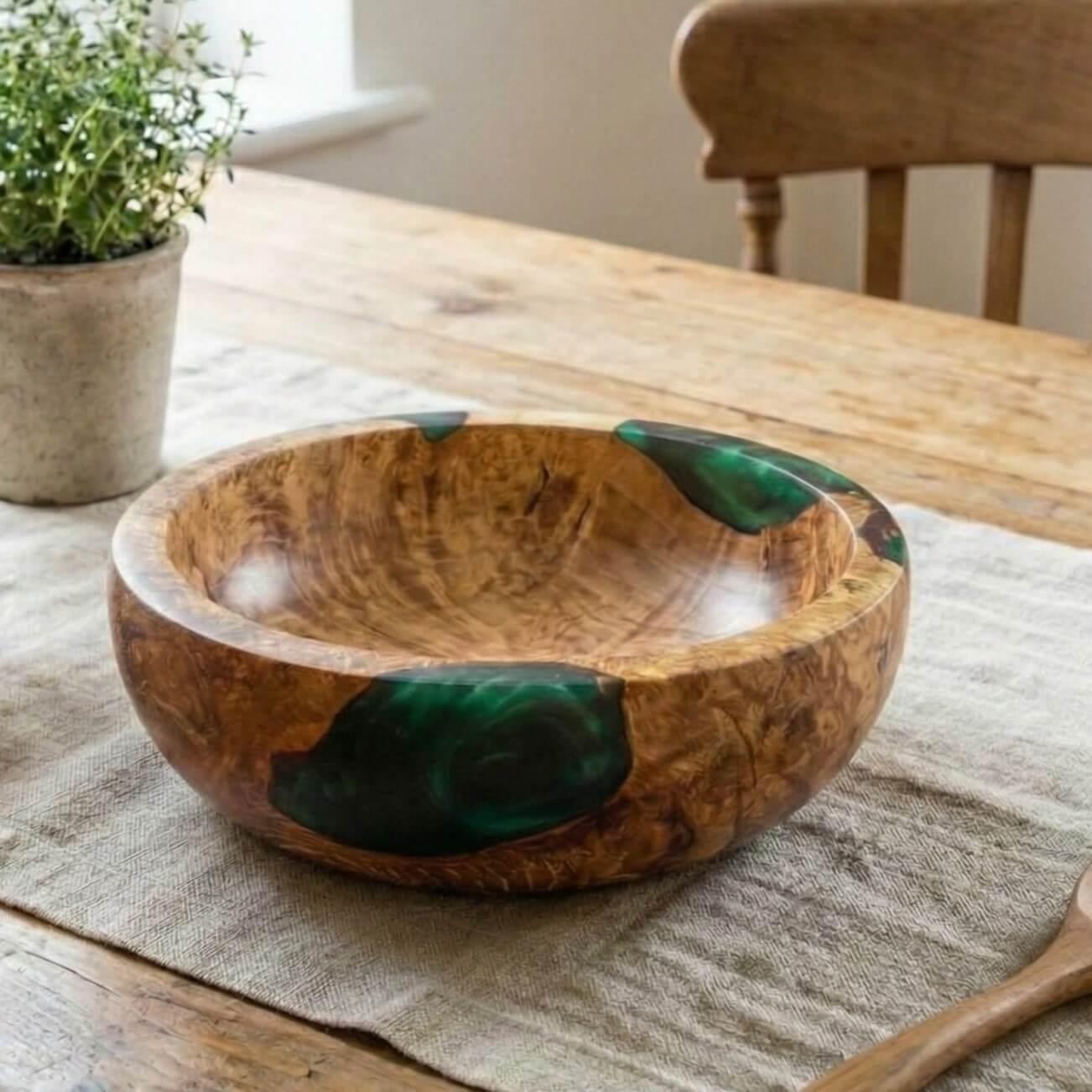 English Oak Burr and Green Resin Hybrid Bowl (190mm) | Handmade Wooden Gifts UK