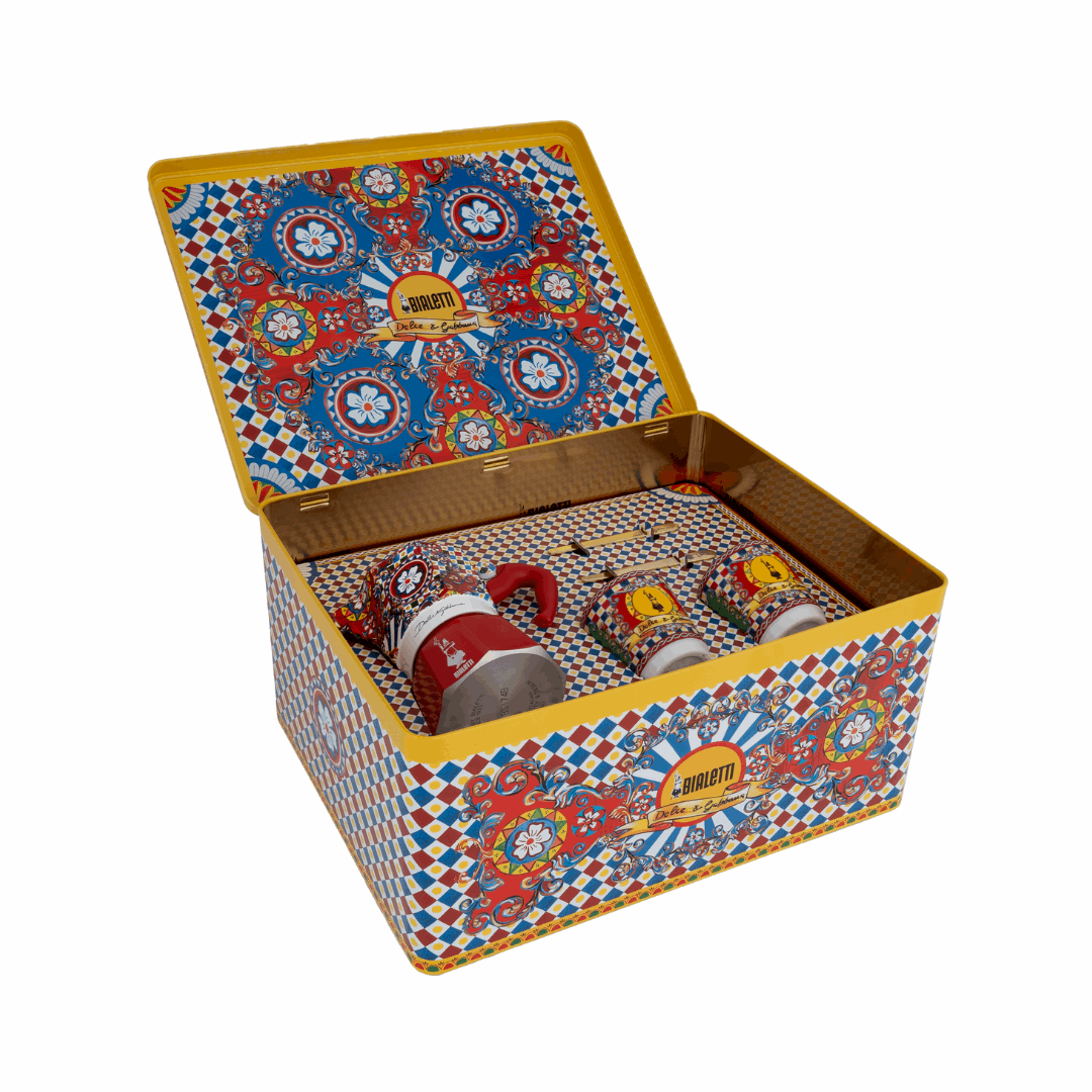 Bialetti x Dolce&Gabbana Sicilian Cart Gift Set – Moka 2 Cup, 2 Cups & Gold Stirrers