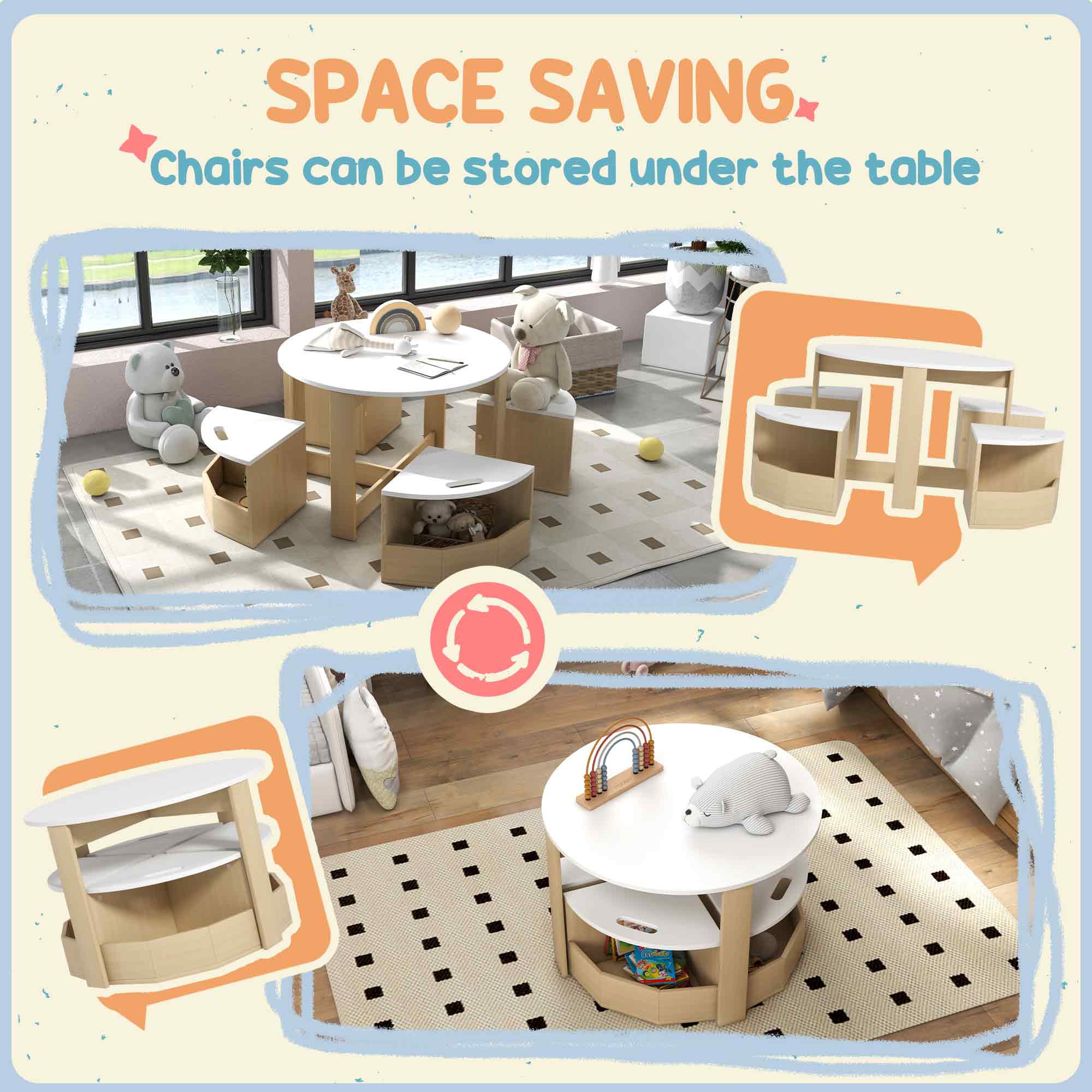 Five-Piece Kids Table and Chairs Set with Storage, for Ages 3-8 Years