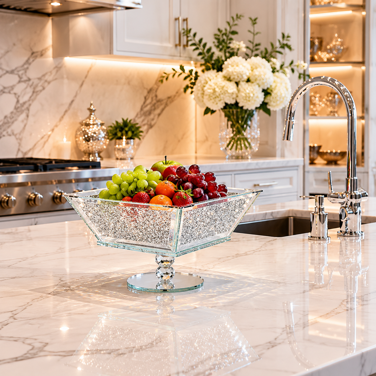 Crystal Extra Large Fruit Bowl, Centre Piece, Crushed Diamond - Gift Box