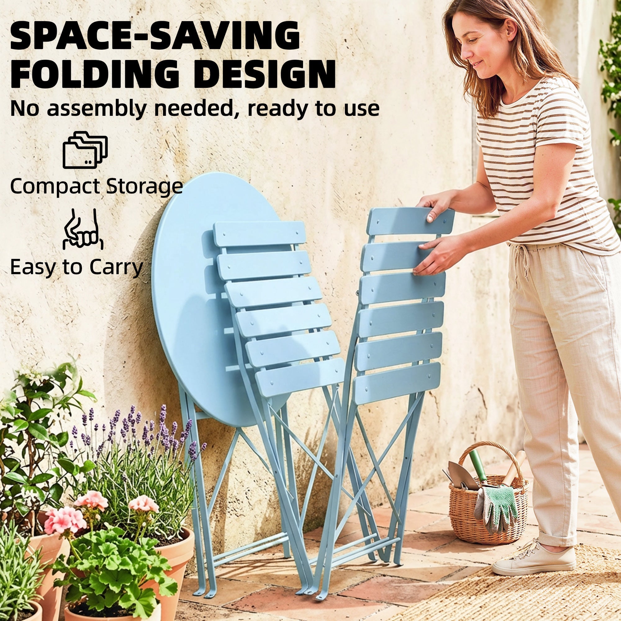 Folding Garden Bistro Set, Light Blue